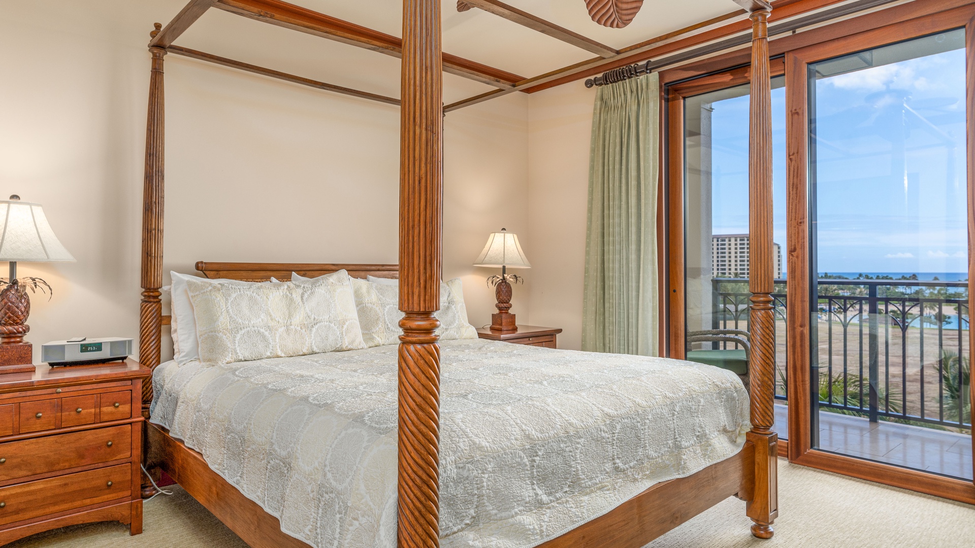 Kapolei Vacation Rentals, Ko Olina Beach Villas B701 - The primary guest bedroom fit for royalty with views for days.