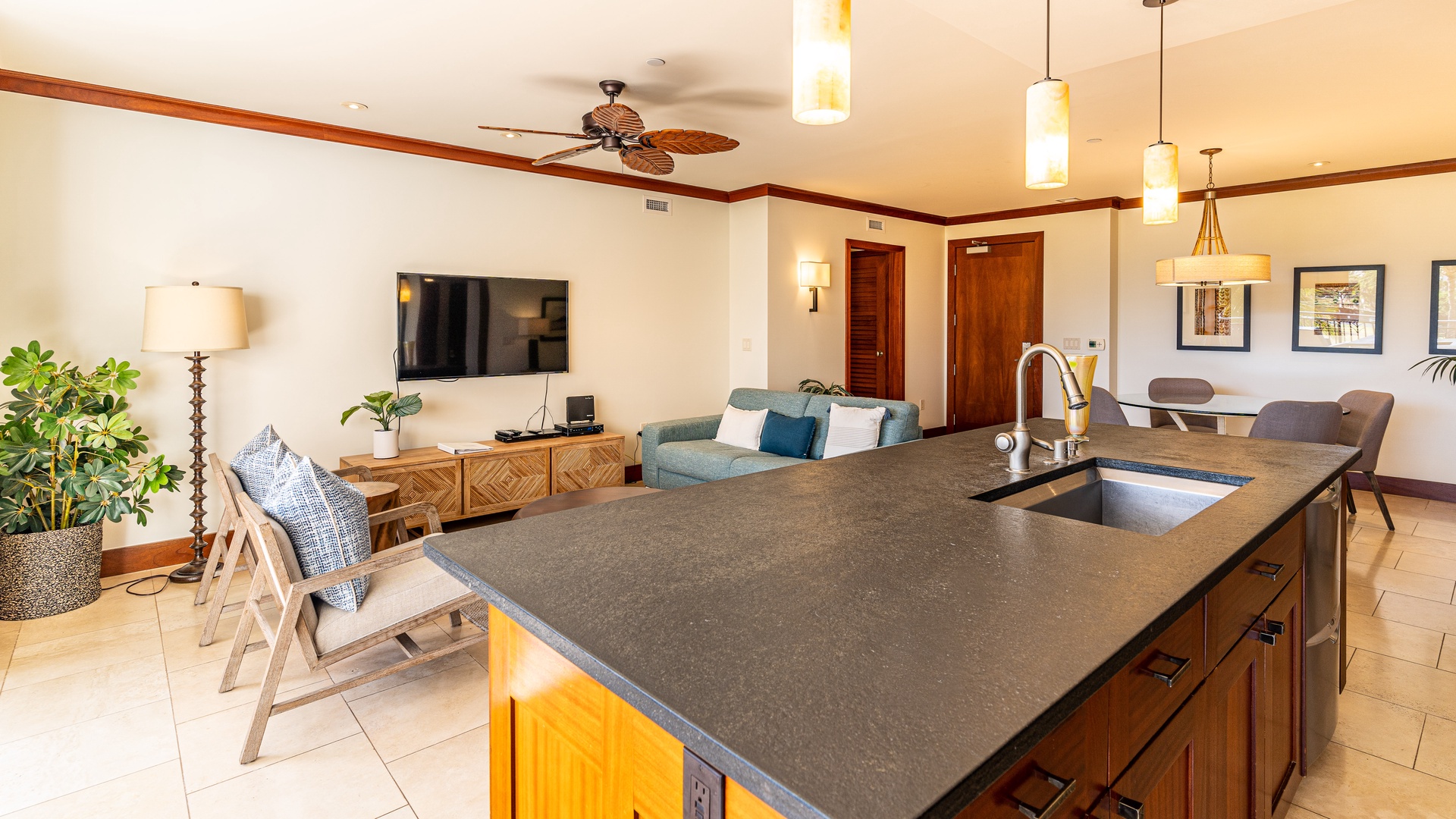 Kapolei Vacation Rentals, Ko Olina Beach Villas B403 - The living room and TV for comfortable movie nights.