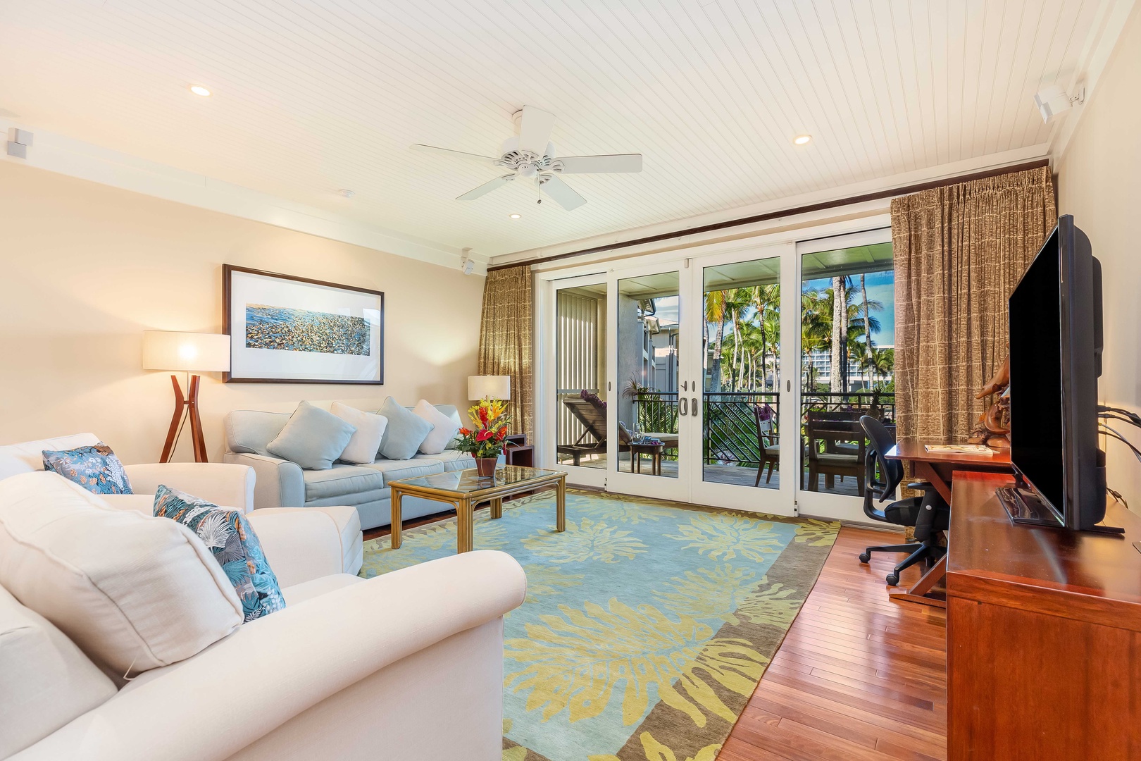 Kahuku Vacation Rentals, Turtle Bay Villas 210 - Living room with Ocean view and private patio