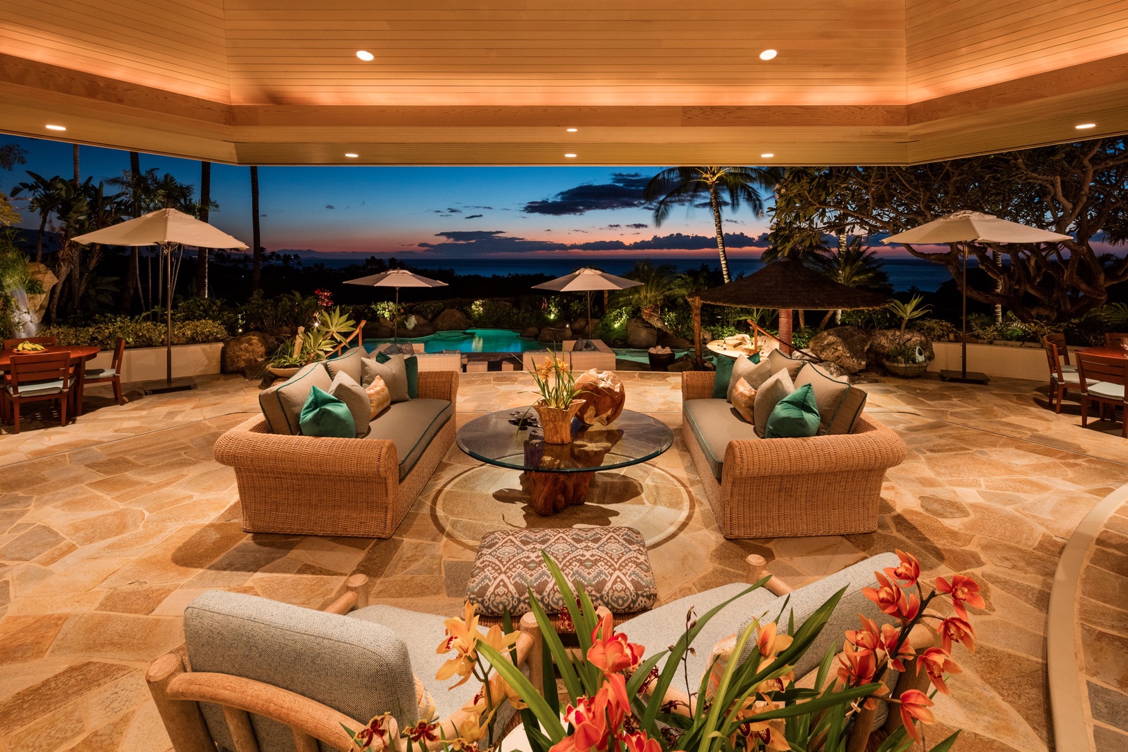 Kamuela Vacation Rentals, 5BD Fairways North (1) Estate Home at Mauna Kea Resort - View from foyer of elegant and open great room. Sliding glass pocket Doors open completely on three sides. High octagonal ceiling with skylight. Ocean and sunset views.