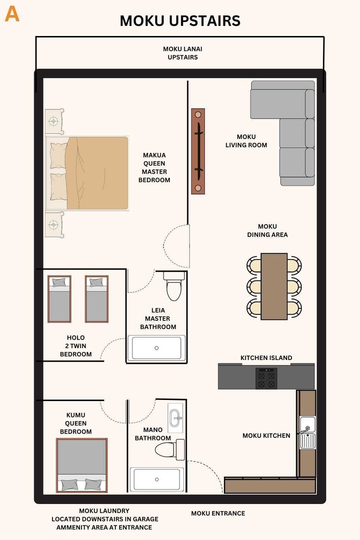 Kailua Kona Vacation Rentals, Kona Beach Bungalows** - This detailed floor plan shows the upstairs layout, helping you envision your Hawaiian home away from home.