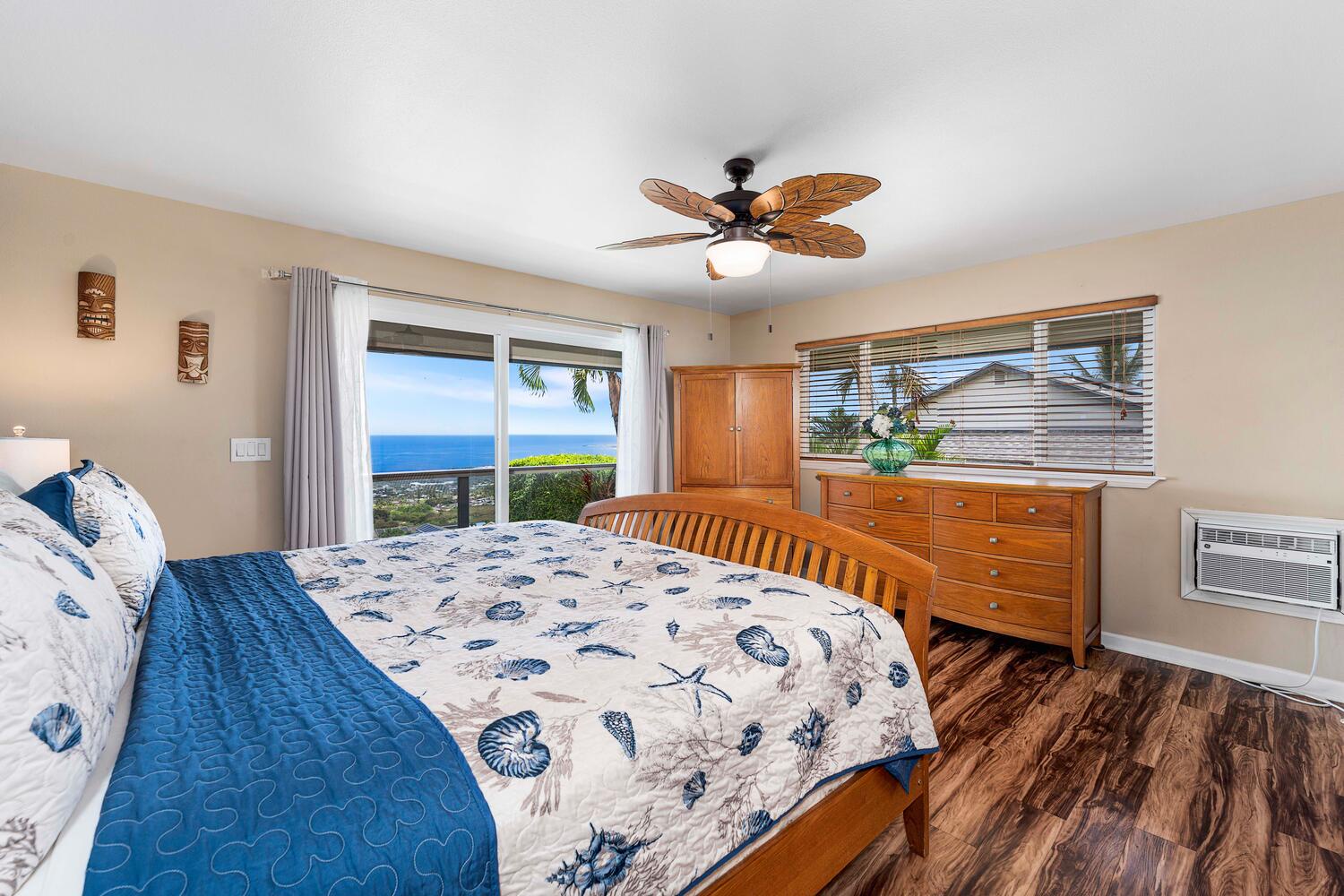 Kailua Kona Vacation Rentals, Honu O Kai (Turtle of the Sea) - The Primary Suite with ocean views and lanai access and window A/C.