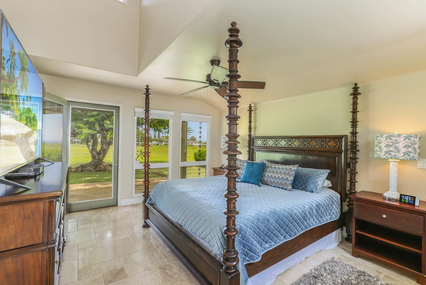 Princeville Vacation Rentals, Half Moon Hana - Primary Bedroom with Backyard Access