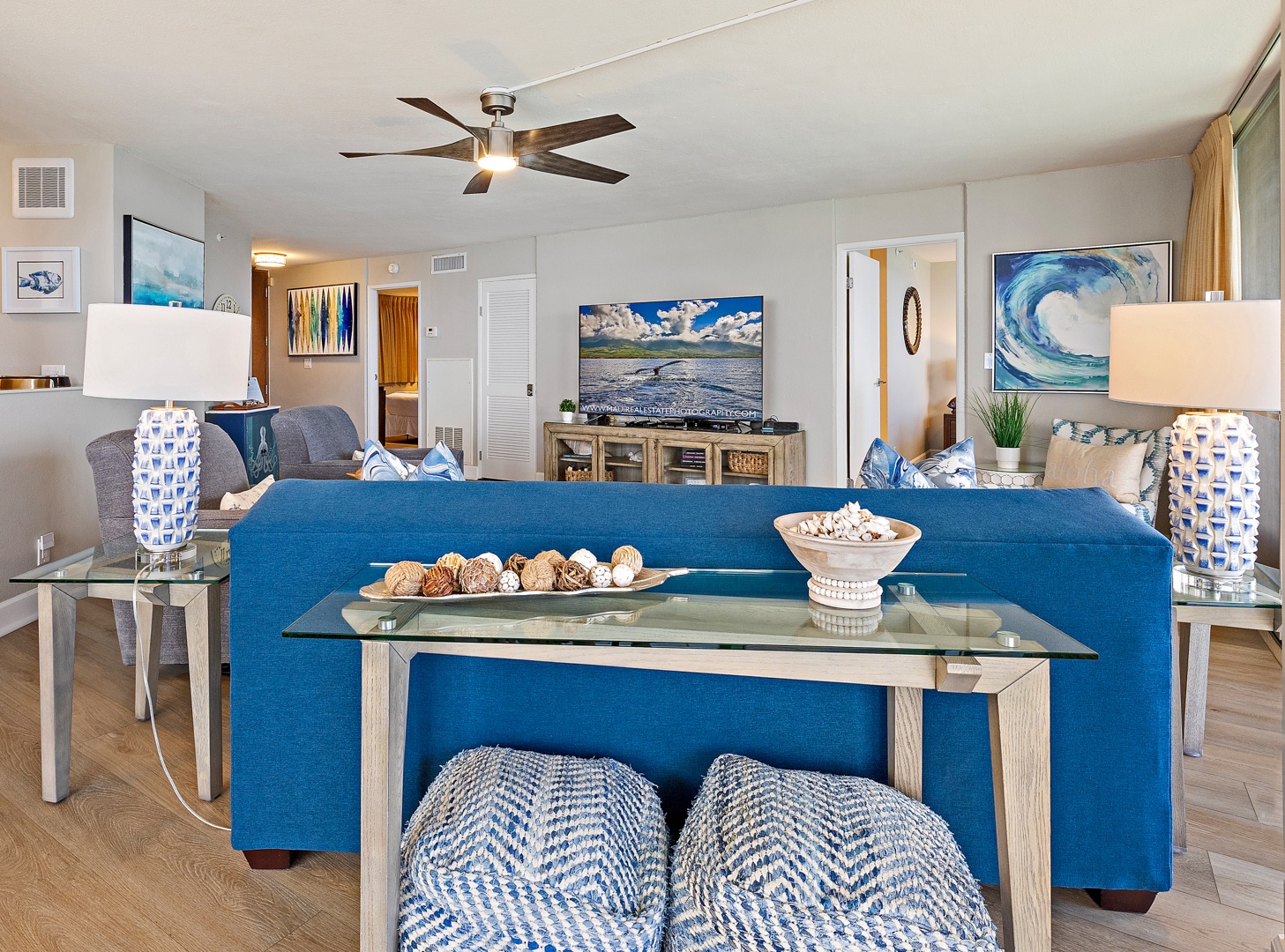 Lahaina Vacation Rentals, Royal Kahana 1010 - The bright and spacious living area offers a cozy seating arrangement with stylish coastal decor, perfect for unwinding.