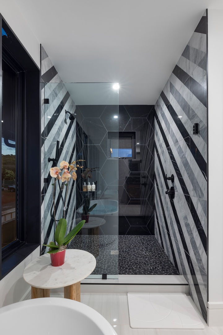 Koloa Vacation Rentals, Hale o ka Nene - Revive your senses in the stunning walk-in rainfall shower surrounded by artisan tilework.