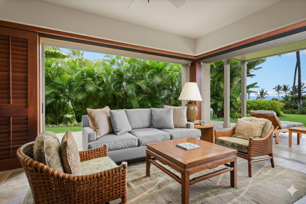 Kailua Kona Vacation Rentals, 3BD Ke Alaula Villa (210A) at Hualalai Resort - Spacious great room seating area toward lanai.