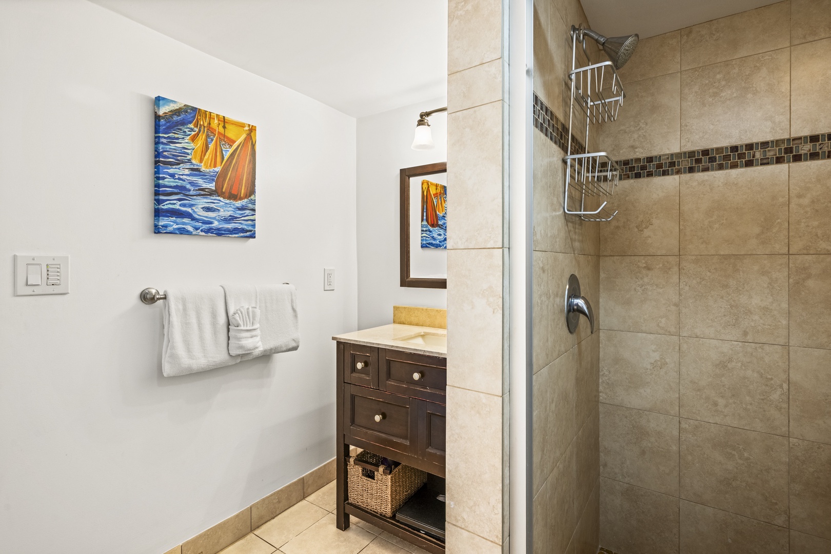 Kihei Vacation Rentals, Koa Resort 1B - Full tilework and a glass-door shower, the kind of finish you notice on day one.