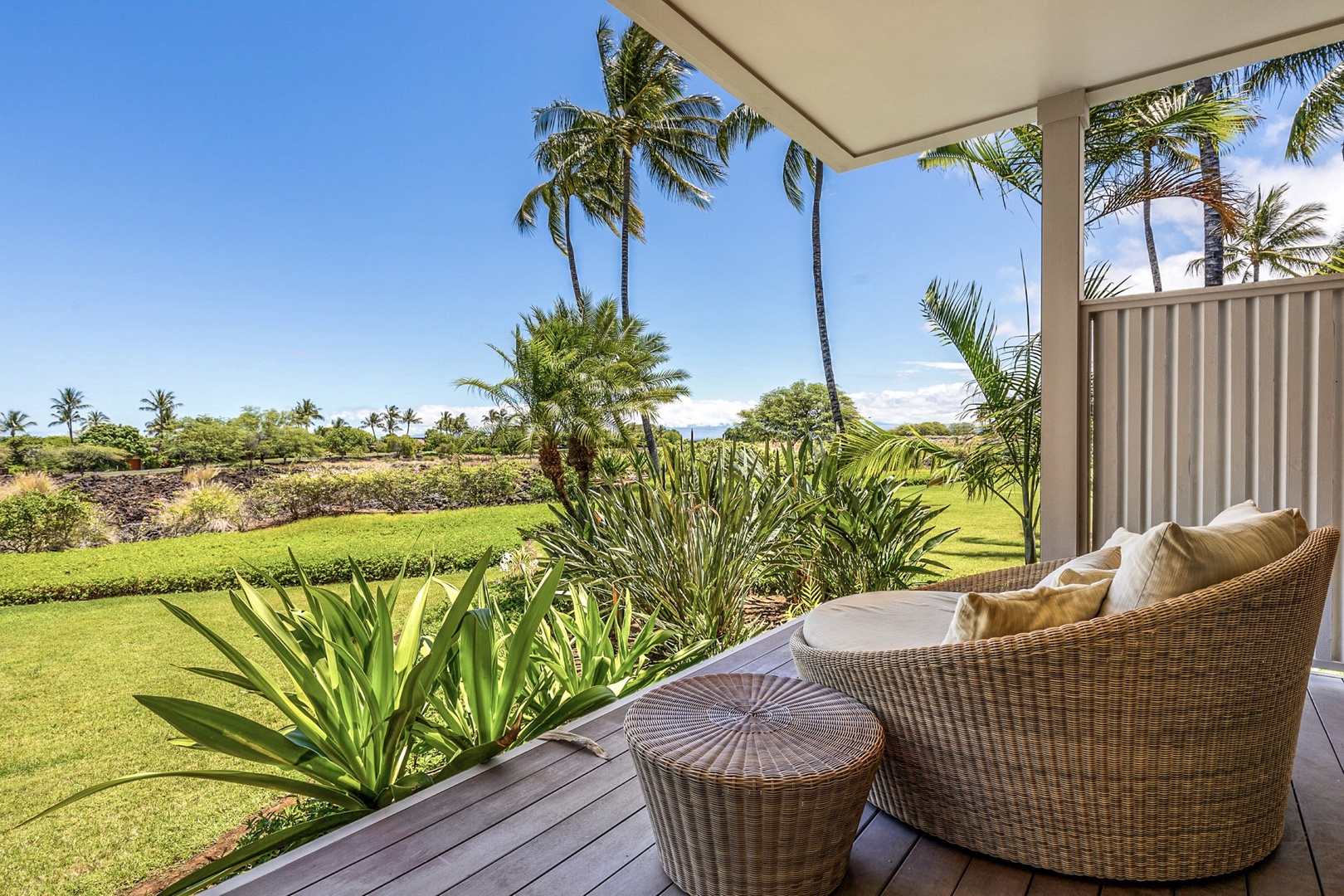 Kailua Kona Vacation Rentals, 3BD Ka'Ulu Villa (131C) at Four Seasons Resort at Hualalai - Retreat room deck with stairs down to private grassy lawn area. Perfect for families!