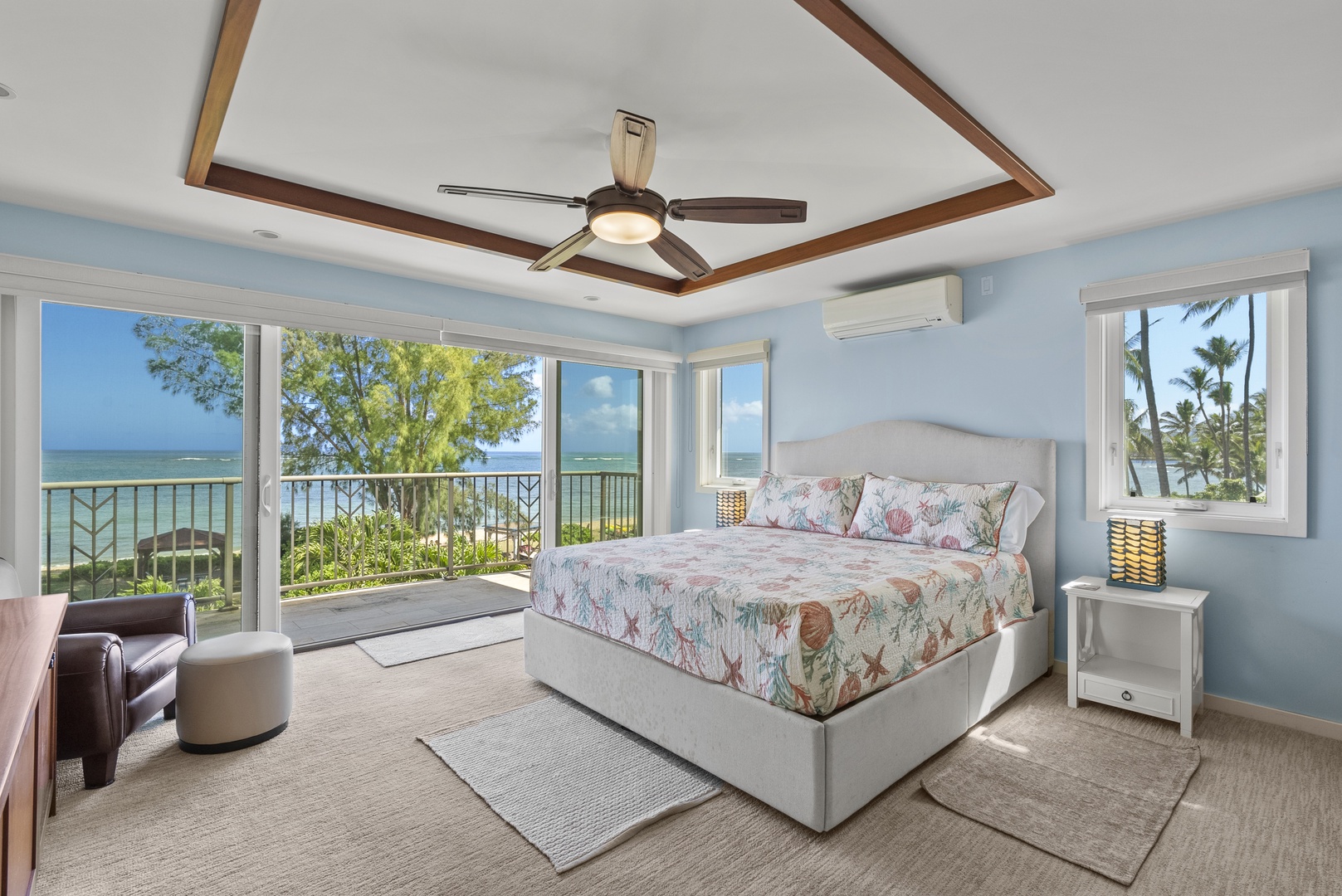 Waialua Vacation Rentals, Kala'iku Estate - Main bedroom with King Bed and ensuite bathroom plus a private Ocean view balcony