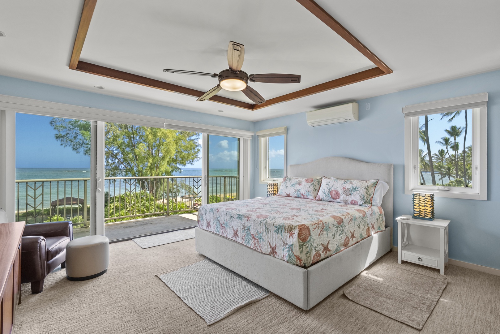 Waialua Vacation Rentals, Waialua Beachfront Estate - Main bedroom with King Bed and ensuite bathroom plus a private Ocean view balcony