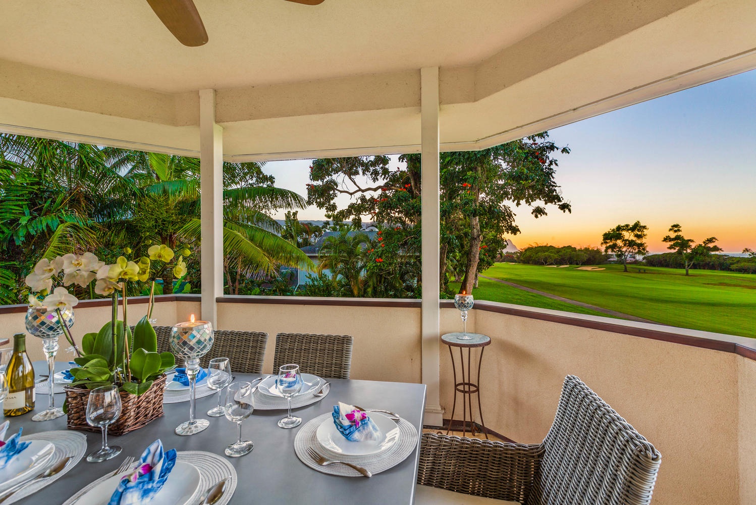 Princeville Vacation Rentals, Ohana Kamalani - Sunset dinner on the lanai