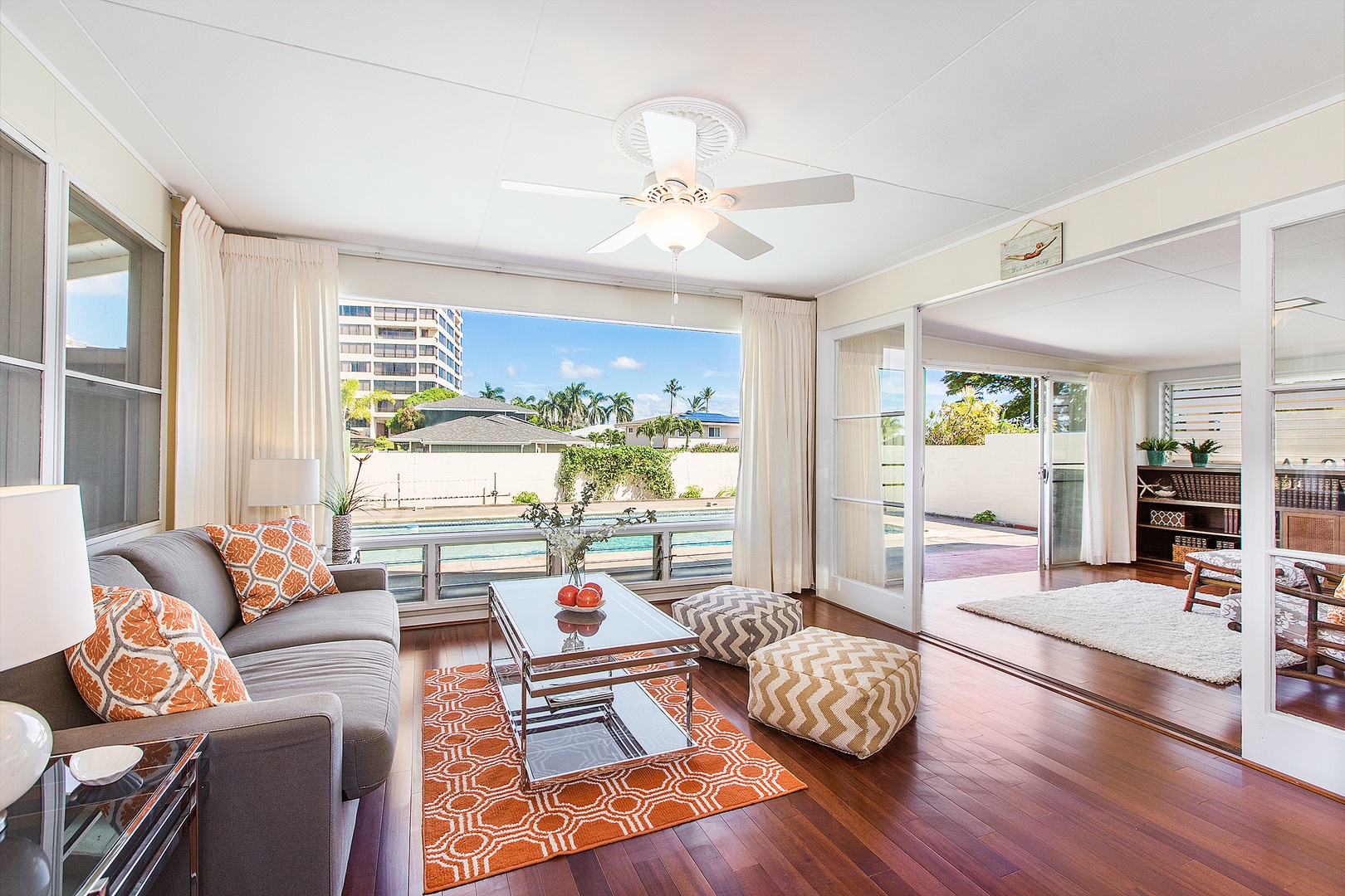 Honolulu Vacation Rentals, Kahala Cottage - Front living room and pool view.