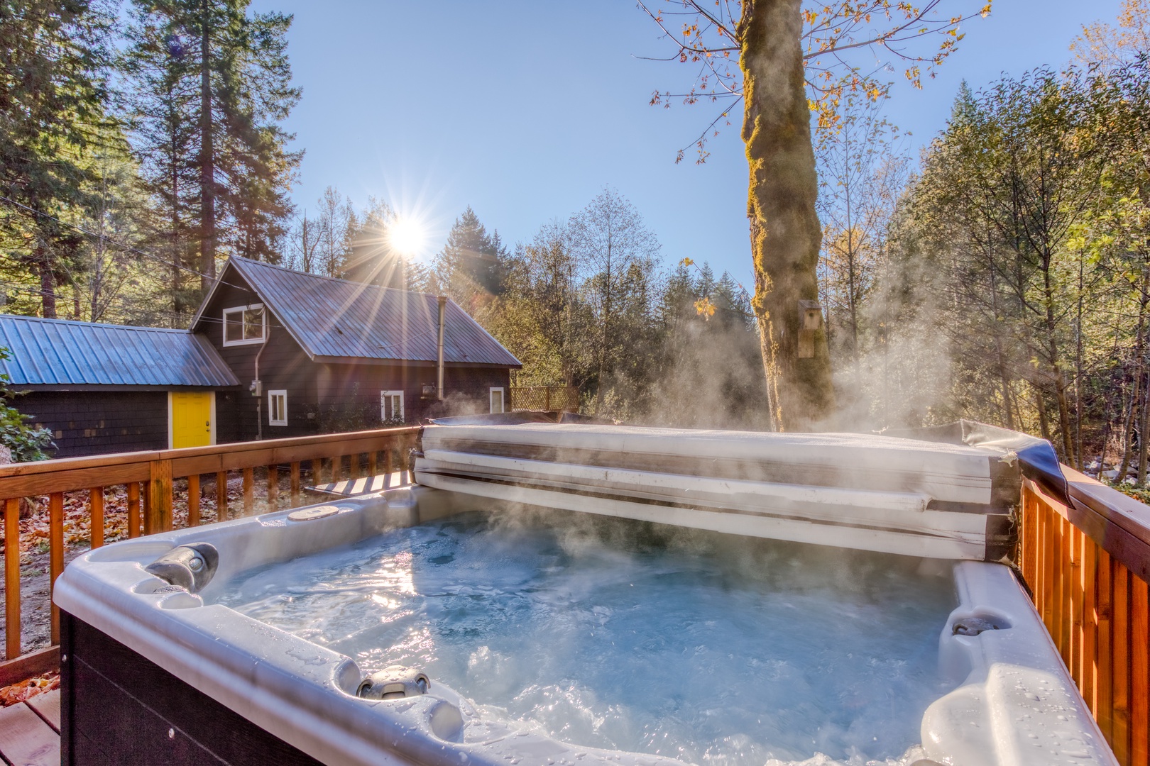 Rhododendron Vacation Rentals, Riverbend Cabin #1 - Enjoy the nature surrounding you while soaking in the Hot Tub
