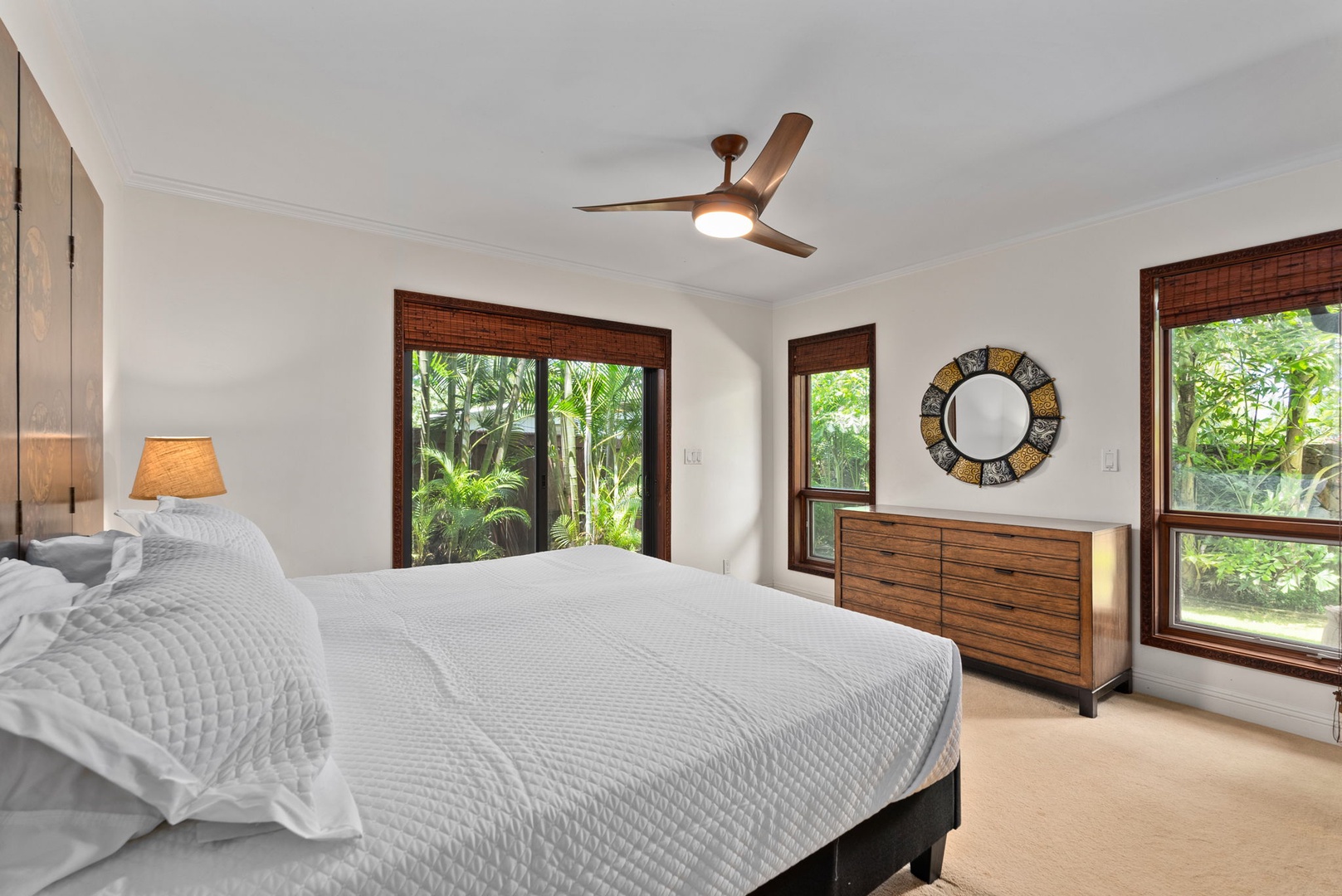 Haleiwa Vacation Rentals, Kealoha Tropical Beach Villa - The bedroom has ceiling fan, large closet and direct access to the garden.