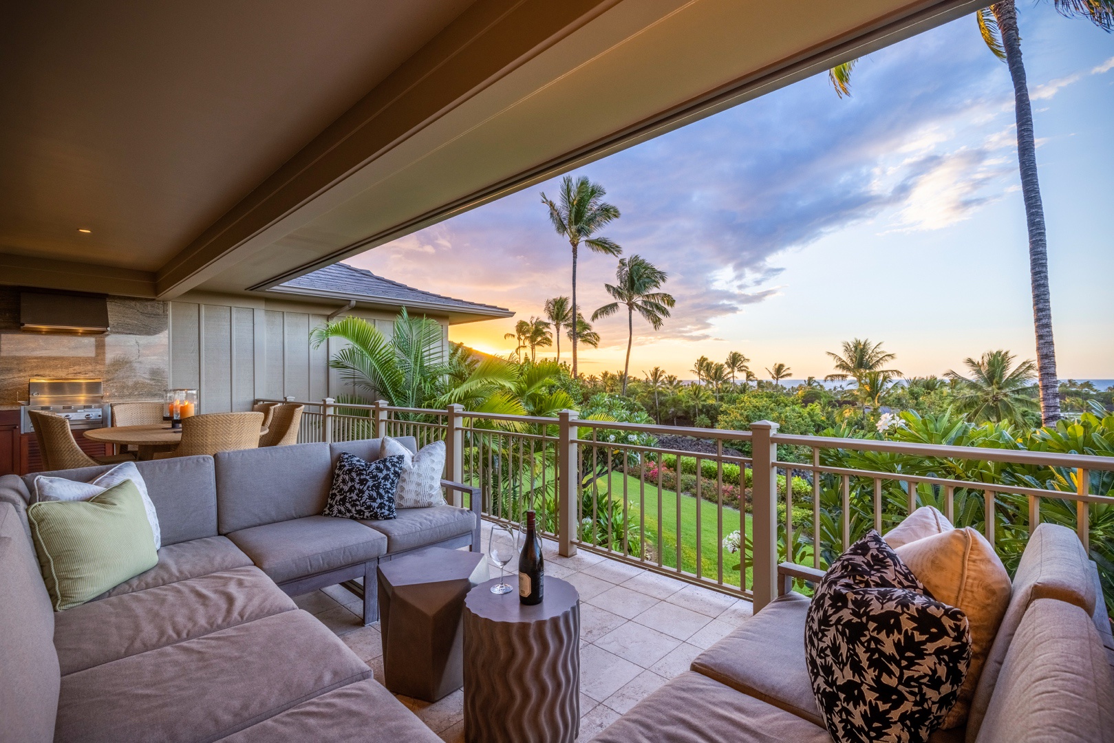 Kailua Kona Vacation Rentals, 3BD Ke Alaula Villa (210B) at Four Seasons Resort at Hualalai - Large upper deck with seating and dining areas and panoramic views.
