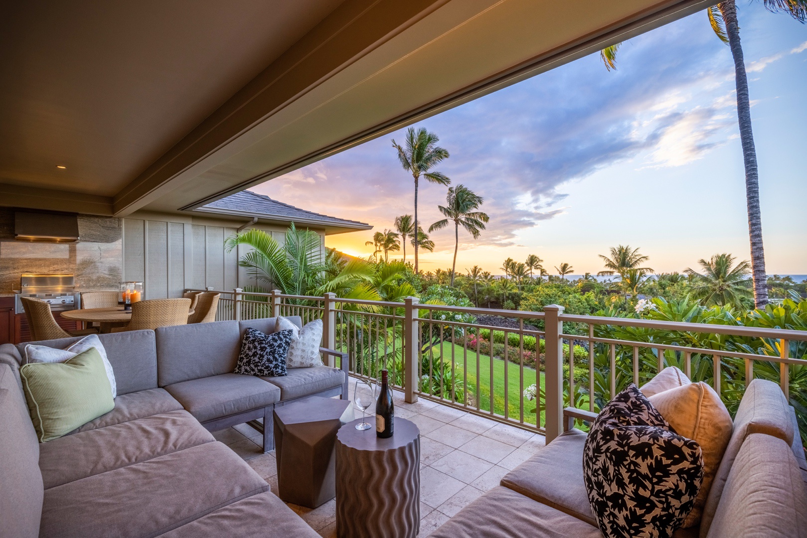 Kailua Kona Vacation Rentals, 3BD Ke Alaula (210B) Villa at Hualalai Resort - Large upper deck with seating and dining areas and panoramic views.
