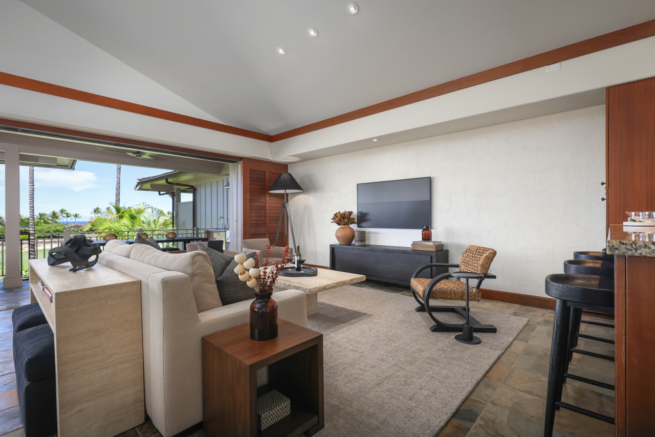 Kailua Kona Vacation Rentals, 3BD Ka'Ulu Villa (109A) at Hualalai Resort - The elegant living space features a 65in Smart TV.