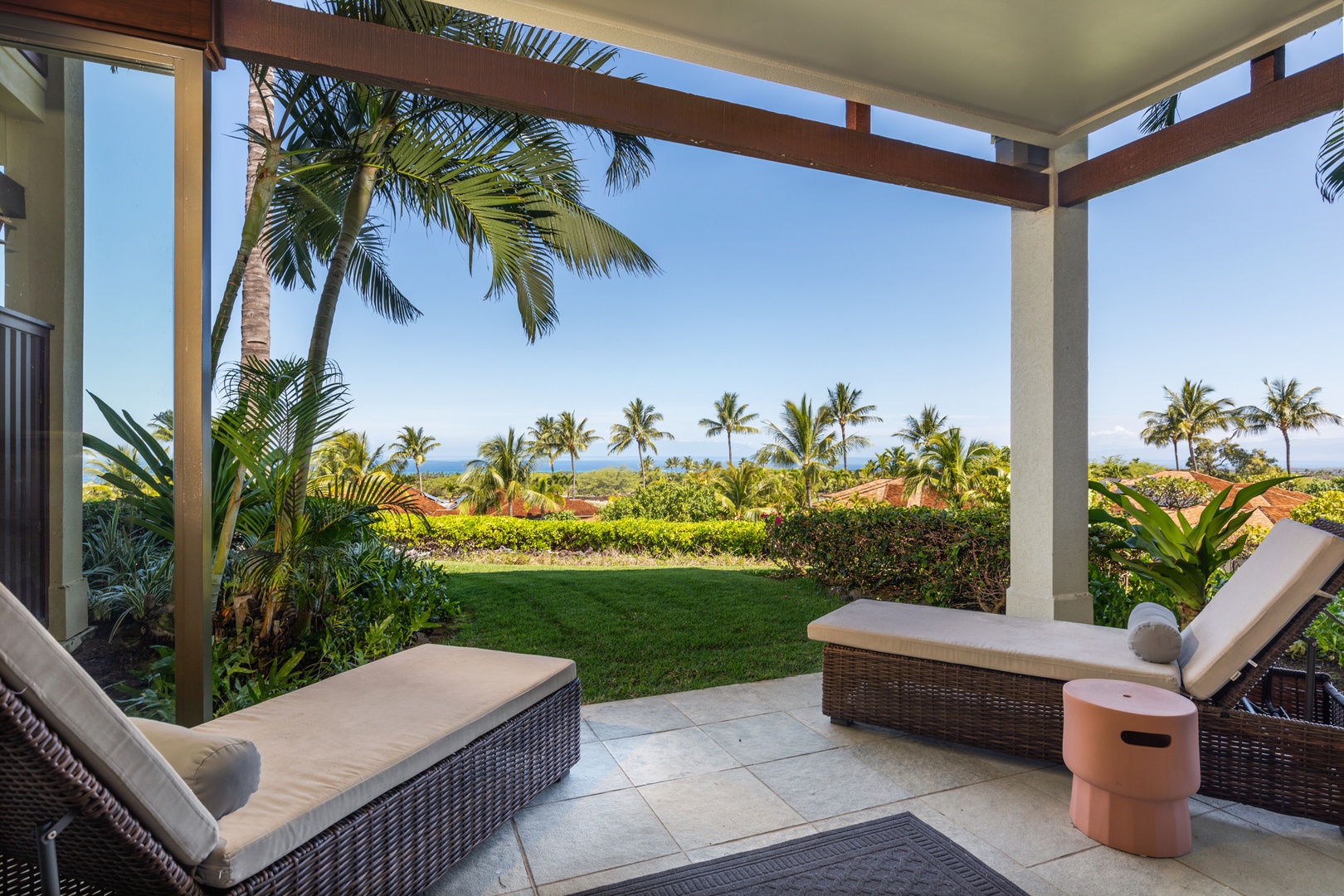 Kailua Kona Vacation Rentals, 3BD Hainoa Villa (2907C) at Four Seasons Resort at Hualalai - Private lanai with loungers off primary suite.