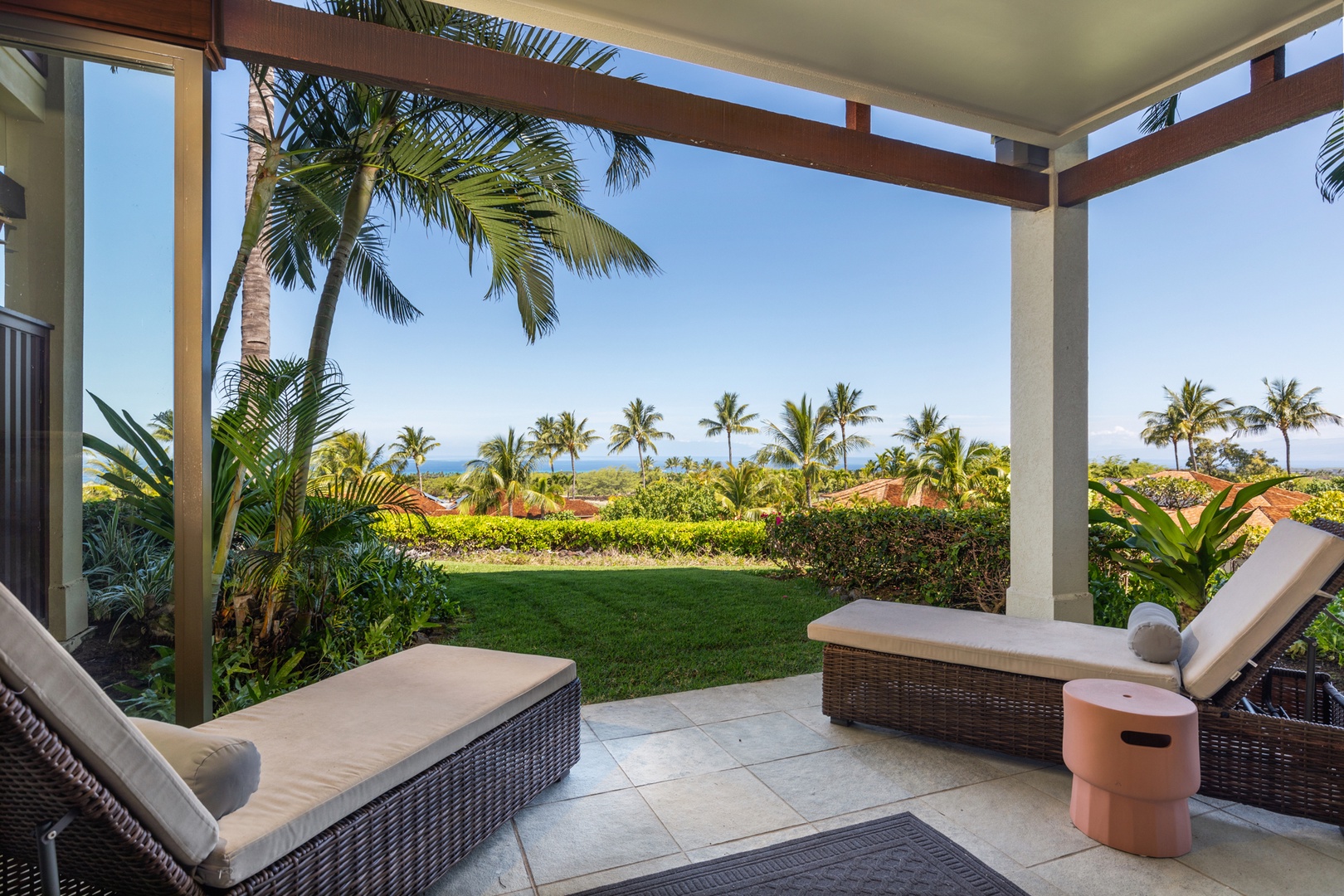 Kailua Kona Vacation Rentals, 3BD Hainoa Villa (2907C) at Hualalai Resort - Private lanai with loungers off primary suite.