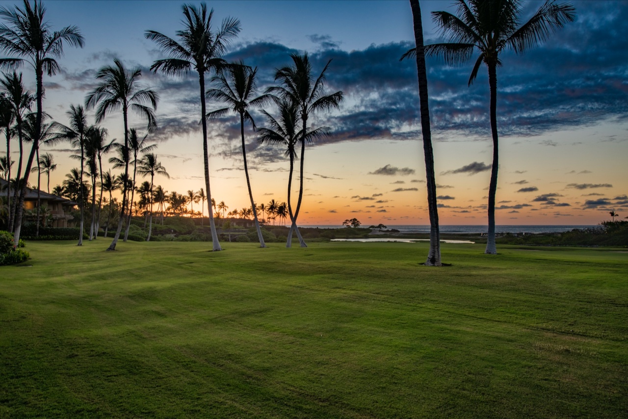 Kailua Kona Vacation Rentals, 3BD Golf Villa (3101) at Four Seasons Resort at Hualalai - Golf course view from your lanai at sunset.