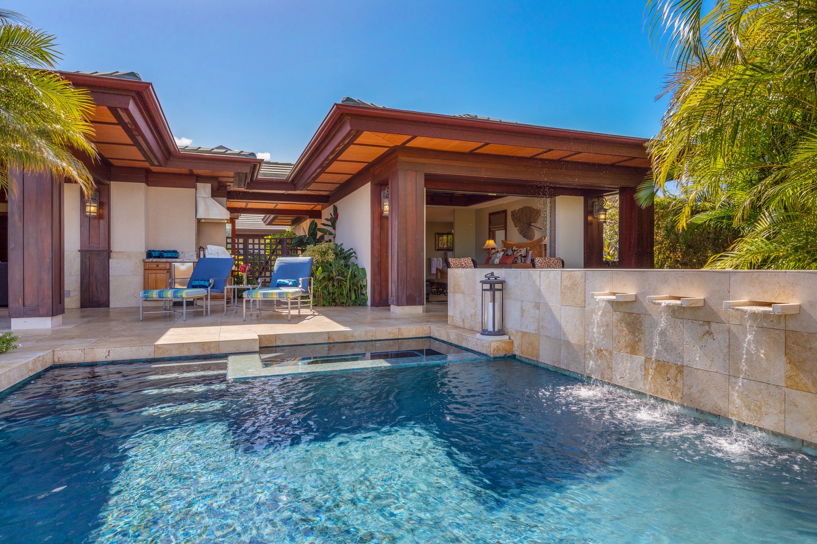 Kamuela Vacation Rentals, Champion Ridge Home - Private pool with peaceful water features and shaded seating.