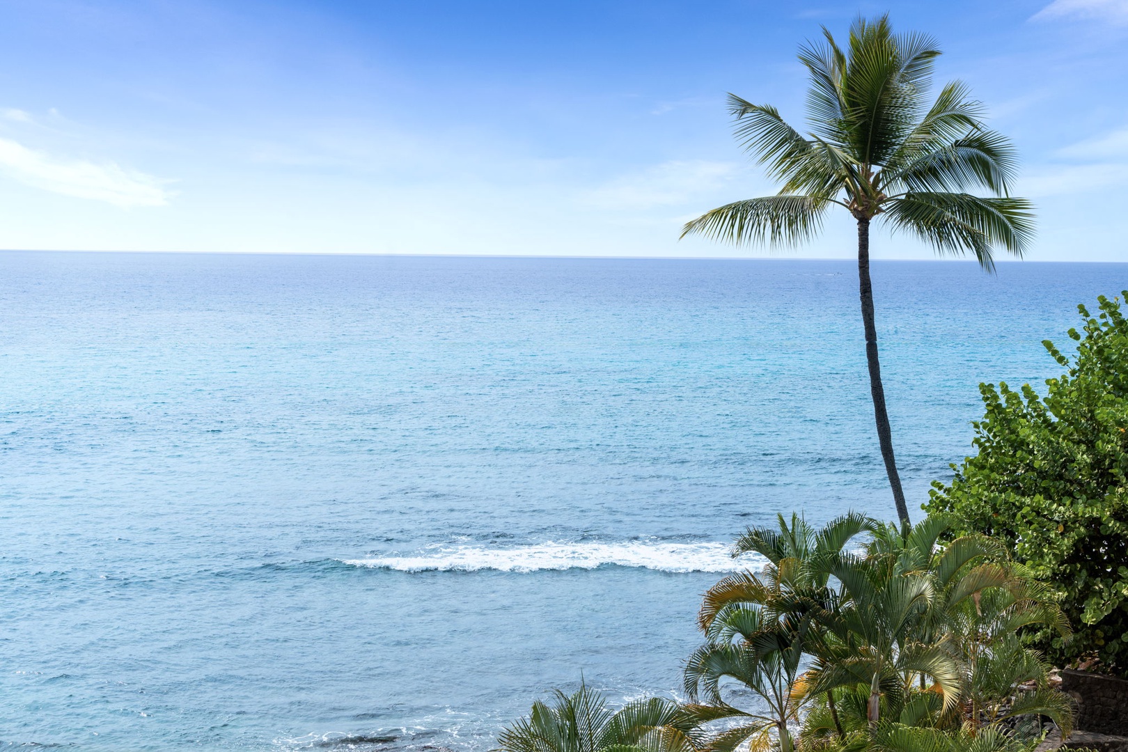 Kailua Kona Vacation Rentals, Royal Kahili 401A - Tropical ocean view with swaying palm trees and lush greenery.