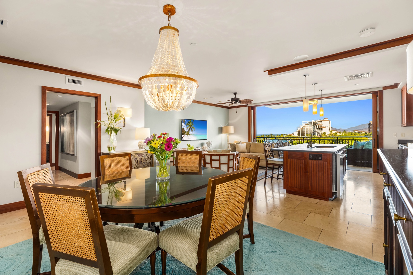 Kapolei Vacation Rentals, Ko Olina Beach Villa B604 - Elegant dining area for your group with views to the ocean.