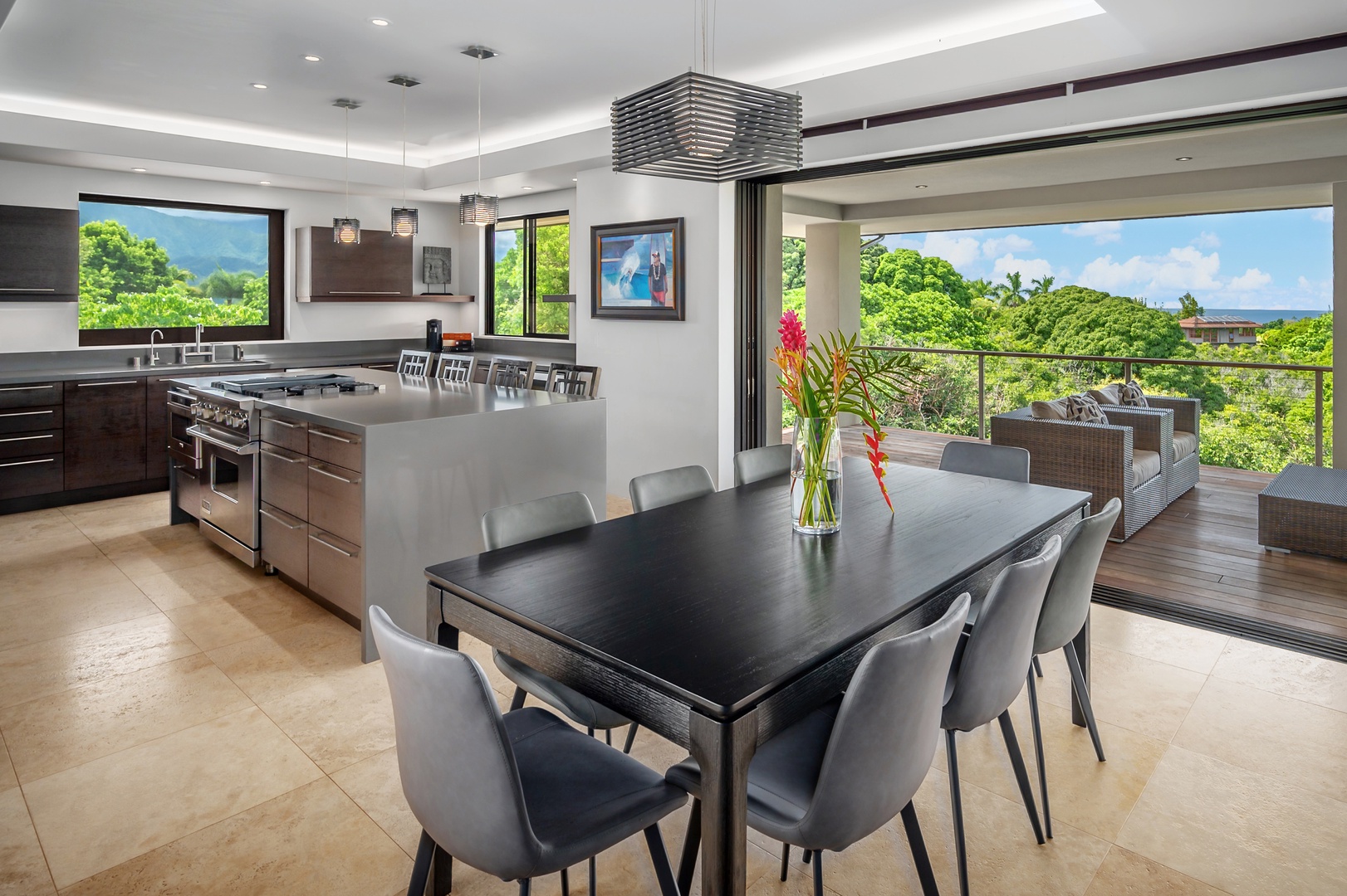 Princeville Vacation Rentals, Hanalei Plantation Villa - Elegant dining area with seating for 8 guests, ideal for gatherings and enjoying meals together.