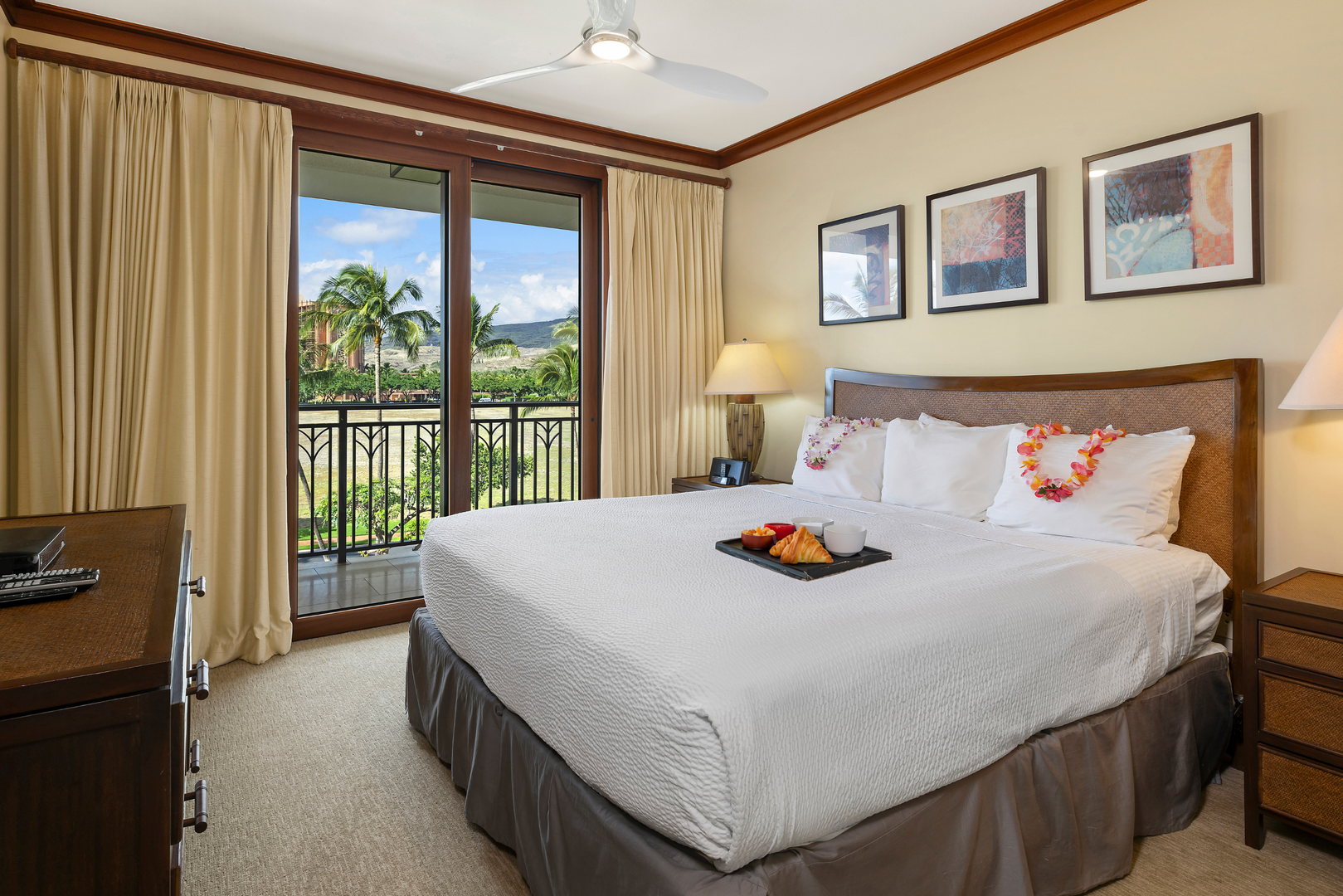 Kapolei Vacation Rentals, Ko Olina Beach Villas O414 - Primary bedroom with king bed and TV