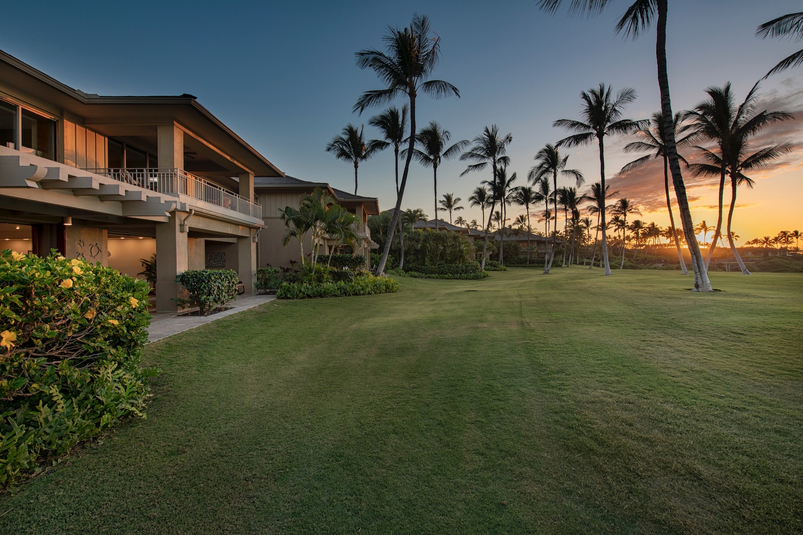 Kailua Kona Vacation Rentals, 3BD Golf Villa (3101) at Four Seasons Resort at Hualalai - The famous "front row" of the golf villas at sunset, with nothing but sprawling green between you and the ocean.