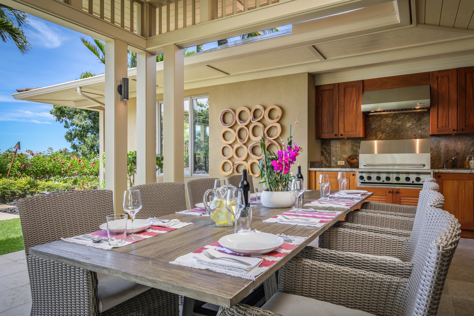 Kailua Kona Vacation Rentals, 4BD Hainoa Estate (122) at Four Seasons Resort at Hualalai - Stylish and modern al fresco dining with ocean views, BBQ grill.