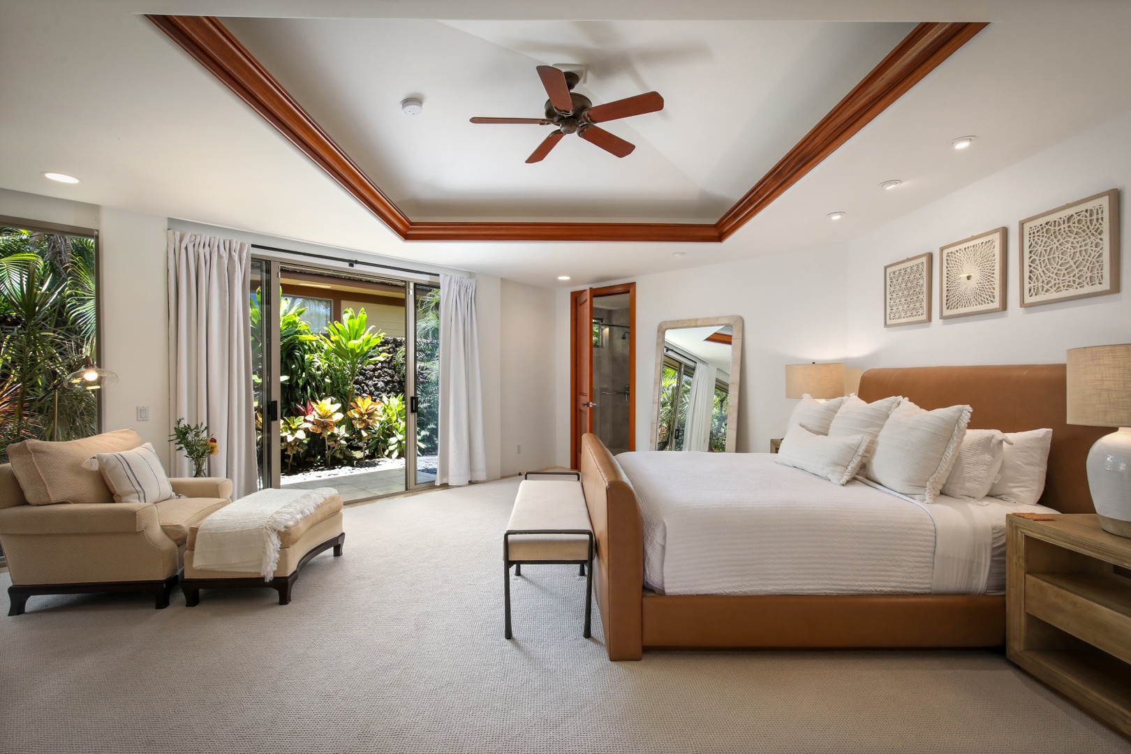 Kailua Kona Vacation Rentals, 4BD Pakui Street (147) Estate Home at Four Seasons Resort at Hualalai - Reverse view of primary suite with valence ceiling and stunning natural light.