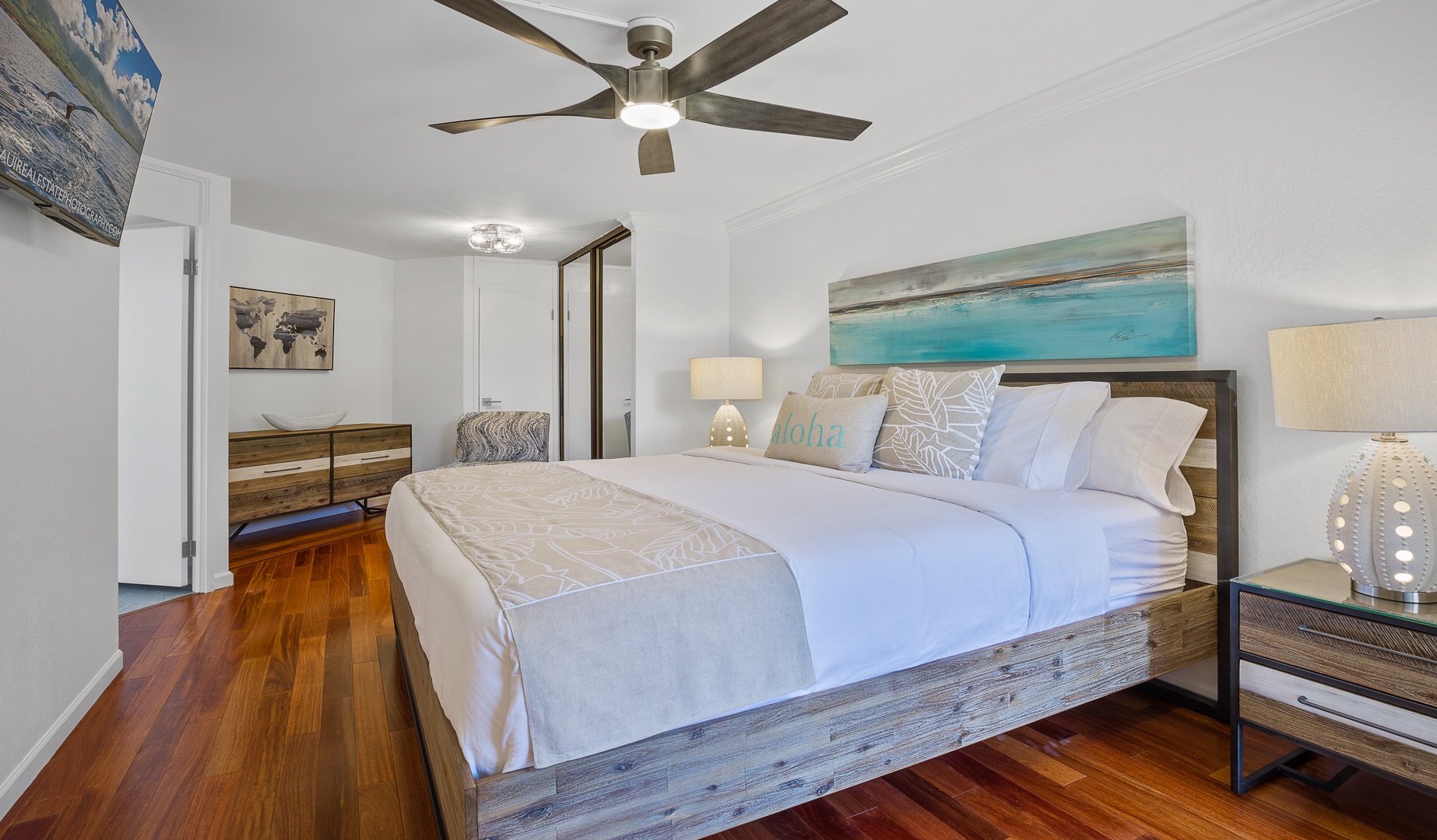 Lahaina Vacation Rentals, Kaanapali Shores 213 - The spacious bedroom features a comfortable king-sized bed and a calming, beach-inspired decor.