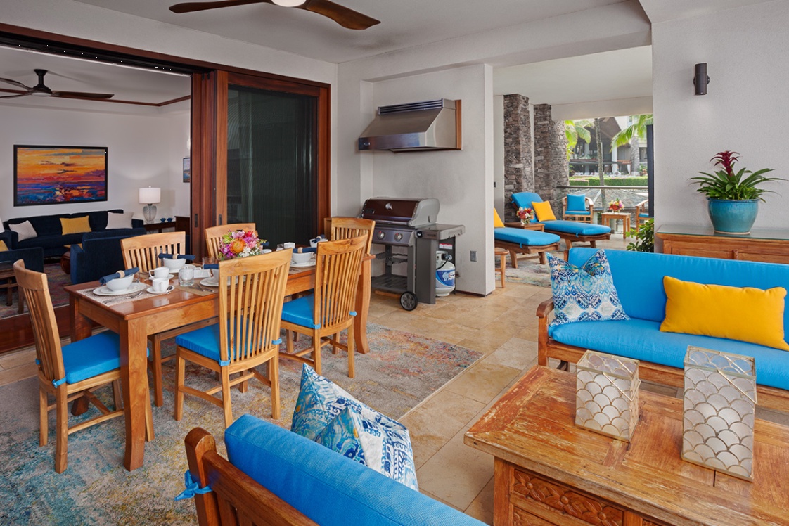 Kapalua Vacation Rentals, Ocean Dreams Premier Ocean Grand Residence 2203 at Montage Kapalua Bay* - Ocean View Outdoor Covered Veranda and Dining Area with Teak Furniture