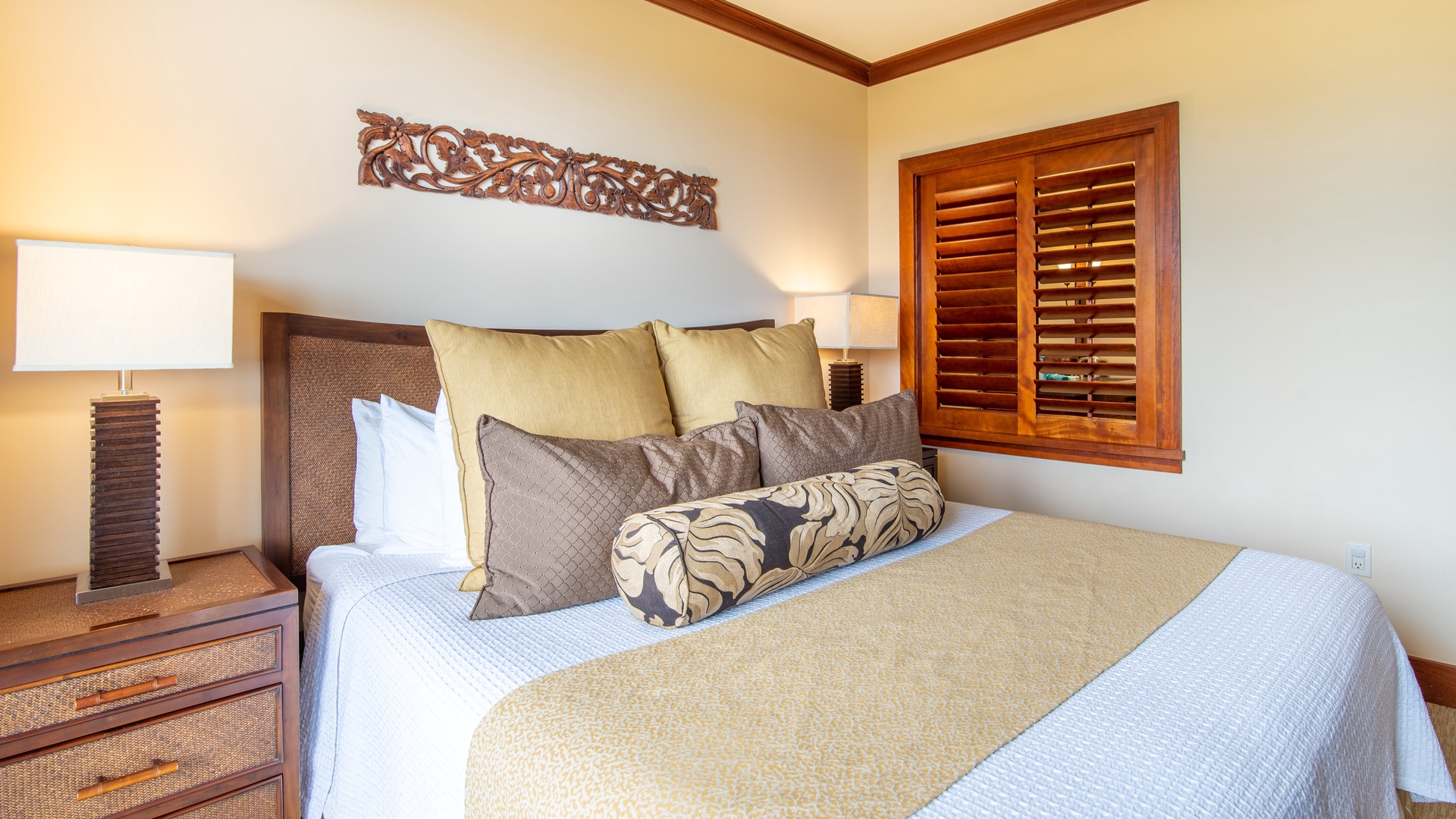 Kapolei Vacation Rentals, Ko Olina Beach Villas B608 - The primary guest bedroom with soft comfortable amenities.
