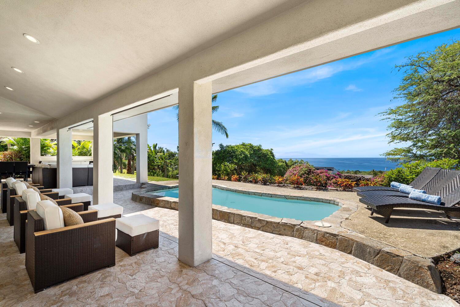 Kailua Kona Vacation Rentals, Ho'okipa Hale - Lounge by the pool under shaded comfort—ideal for sunny days and lazy afternoons.