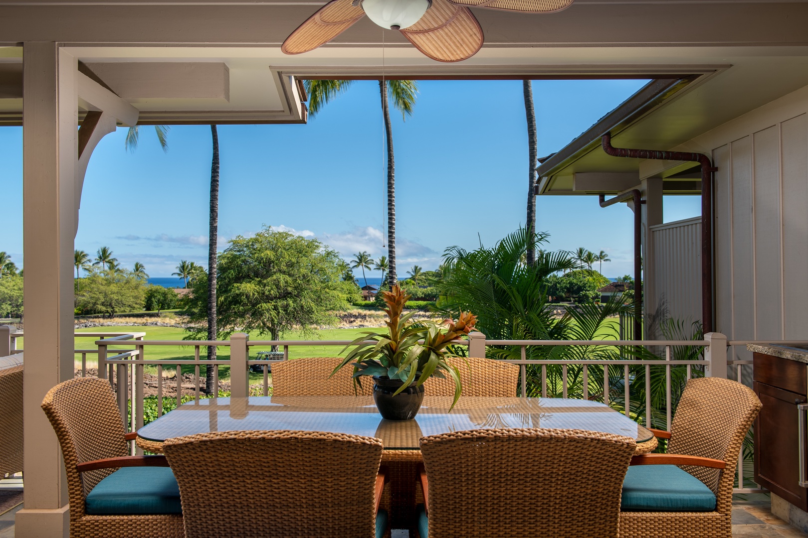 Kailua Kona Vacation Rentals, 3BD Ka'Ulu Villa (109A) at Four Seasons Resort at Hualalai - Enjoy an alfresco meal while taking in the lush greenery and ocean views from the lanai.