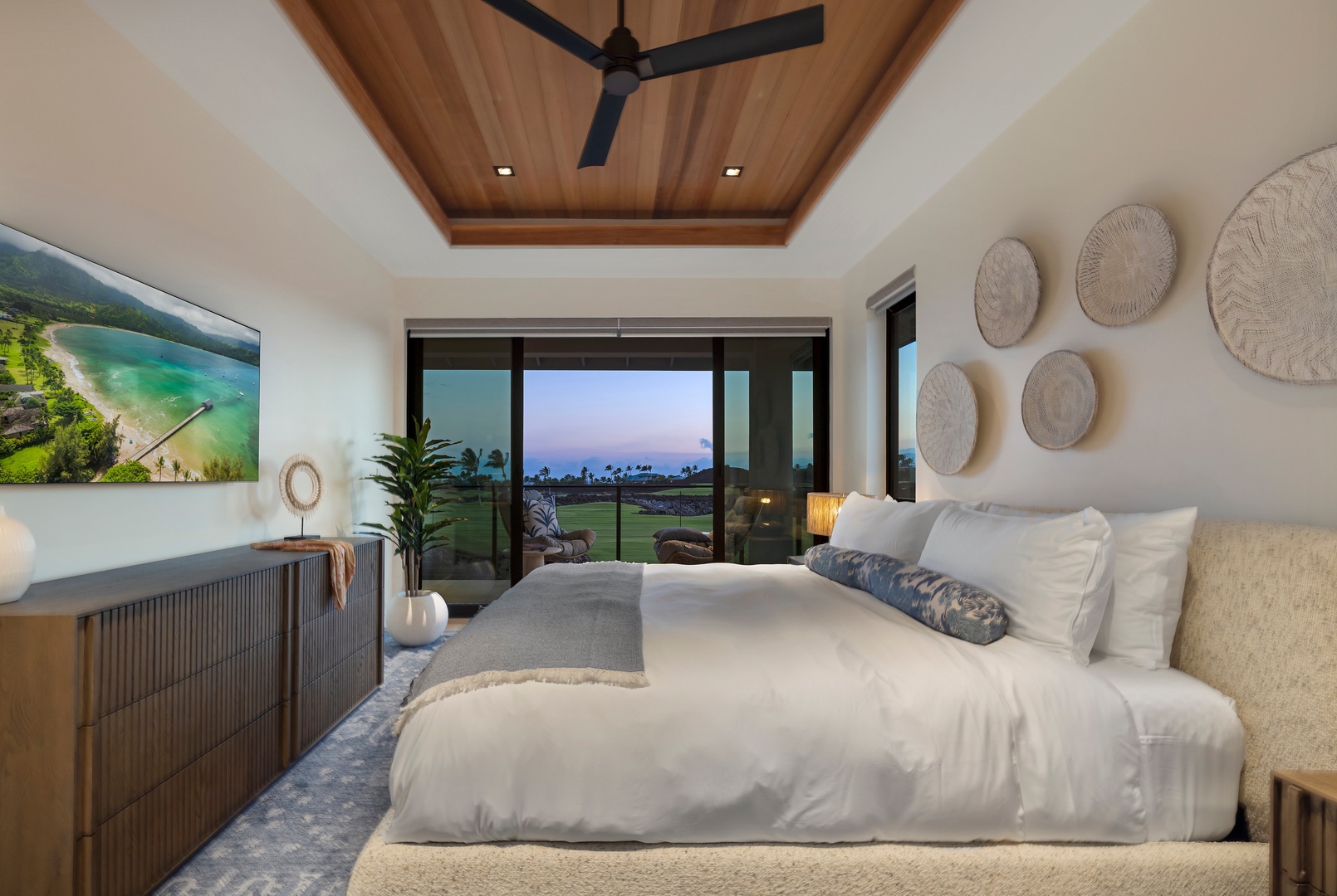 Kamuela Vacation Rentals, 6BD Mauna Lani Lux Golf Estate (6) at One Ocean - Warm wood ceilings, thoughtful design, and expansive views create a restful place to recharge in the Upstairs Guest Suite (Bedroom #2).