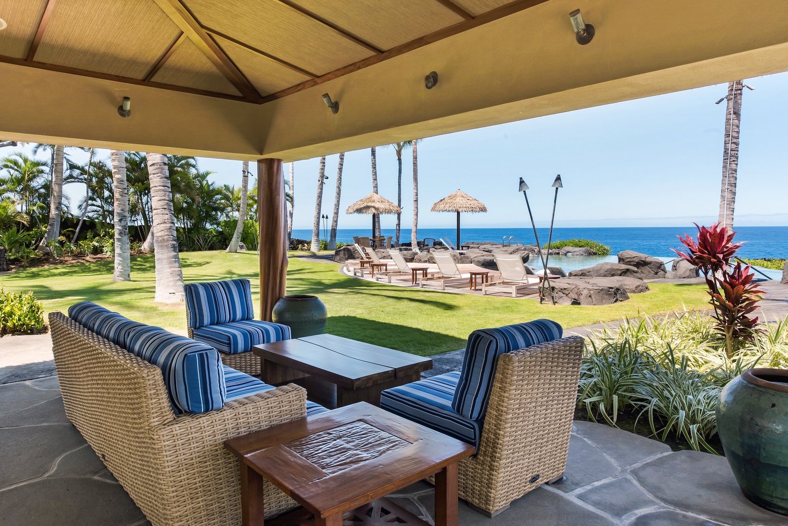 Kamuela Vacation Rentals, 3BD OneOcean (1C) at Mauna Lani Resort - "The Ocean Club" Amenity Center w/ Plenty of Shady Places to Lounge and Soak Up the Stunning Ocean Views