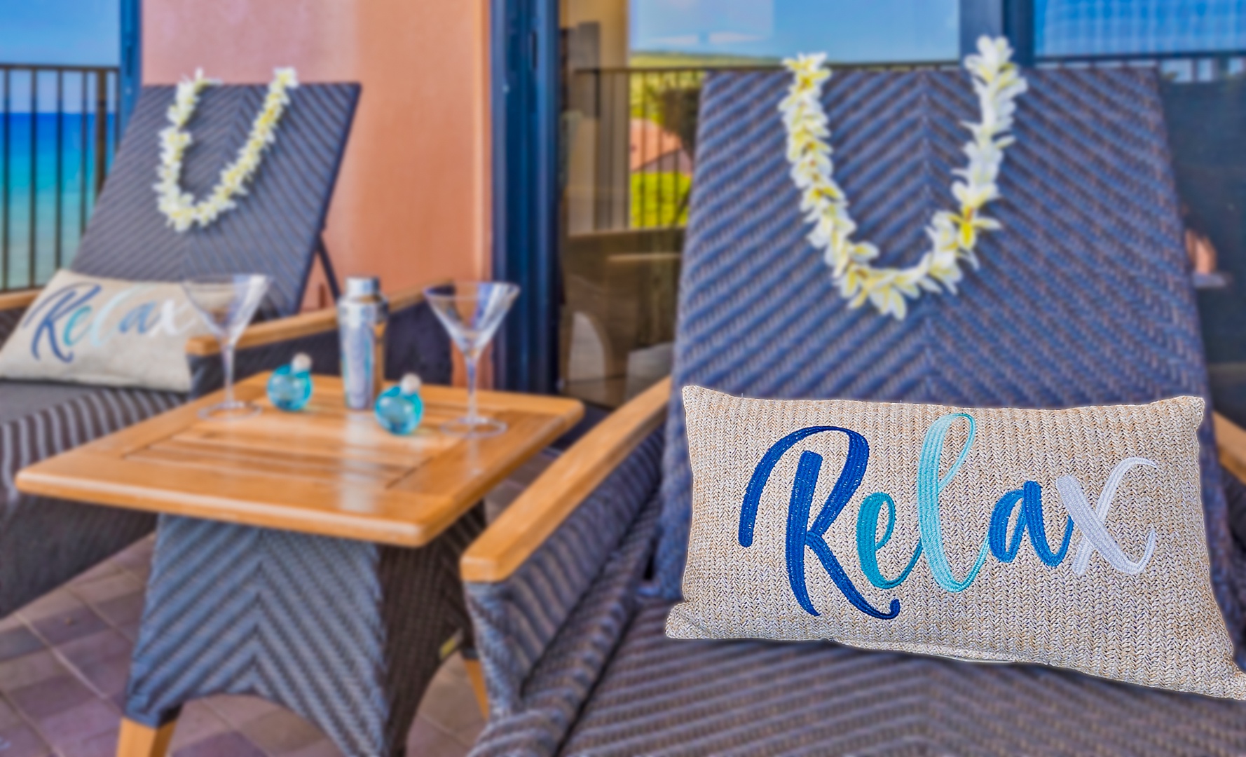 Lahaina Vacation Rentals, Kaanapali Shores 702 - Relax and unwind on the lanai, with comfortable seating and a refreshing drink, while enjoying the tropical breeze.