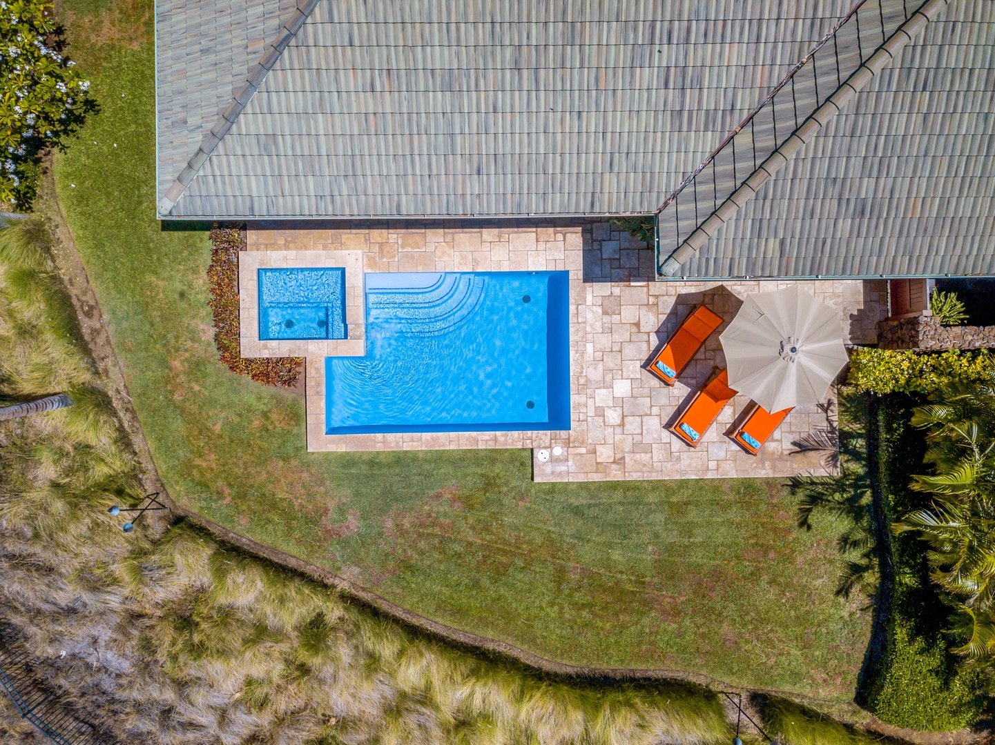 Kamuela Vacation Rentals, 3BD Wai'ula'ula Villa (312) at Mauna Kea Resort - Aerial view highlighting your private pool and spa within the lush Wai'ula'ula enclave at Mauna Kea Resort.
