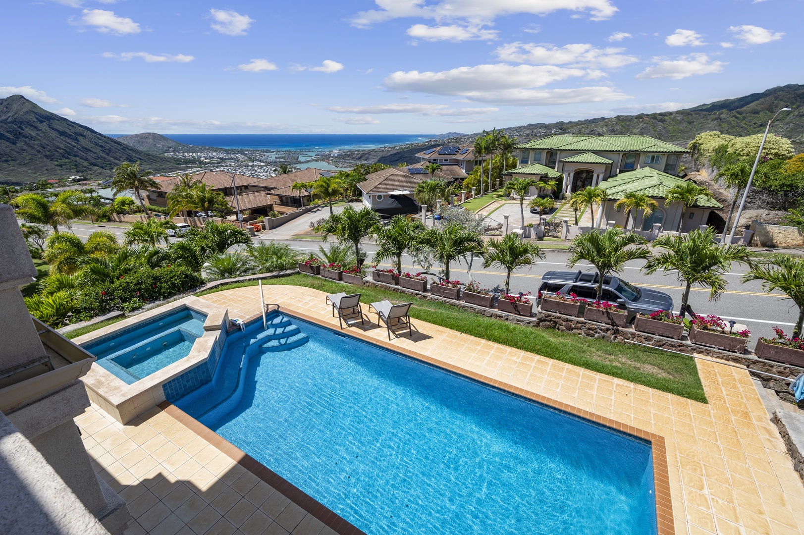 Honolulu Vacation Rentals, Lotus on a Hill* - Overhead view of your private pool deck, complete with a private hot tub and chaise lounge chairs to soak up the sun