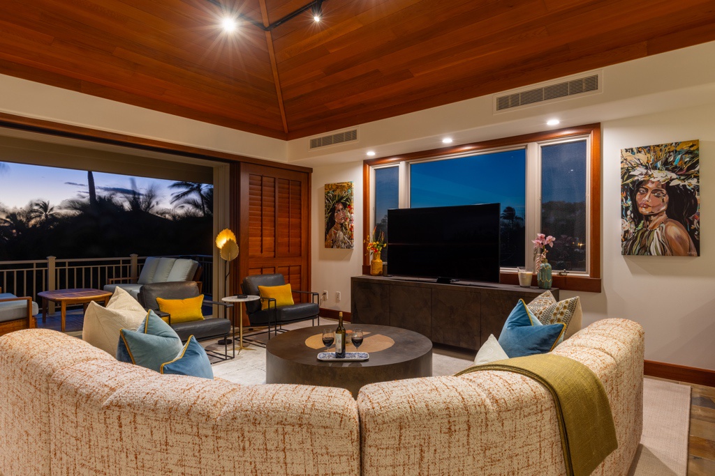 Kailua Kona Vacation Rentals, 3BD Ke Alaula Villa (217C) at Hualalai Resort - Reverse view of elegant great room with ample plush seating.