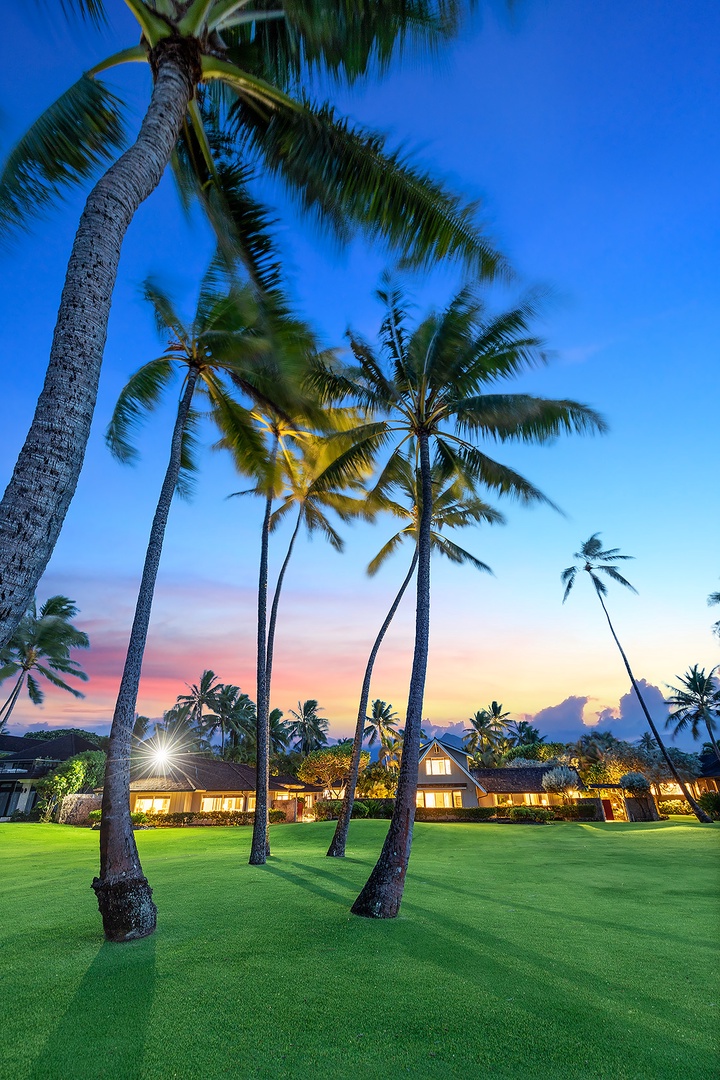 Kailua Vacation Rentals, Kailua Shores Estate 5 Bedroom - Twilight Panoramic View showcasing the estate's serene beauty as the evening sky.