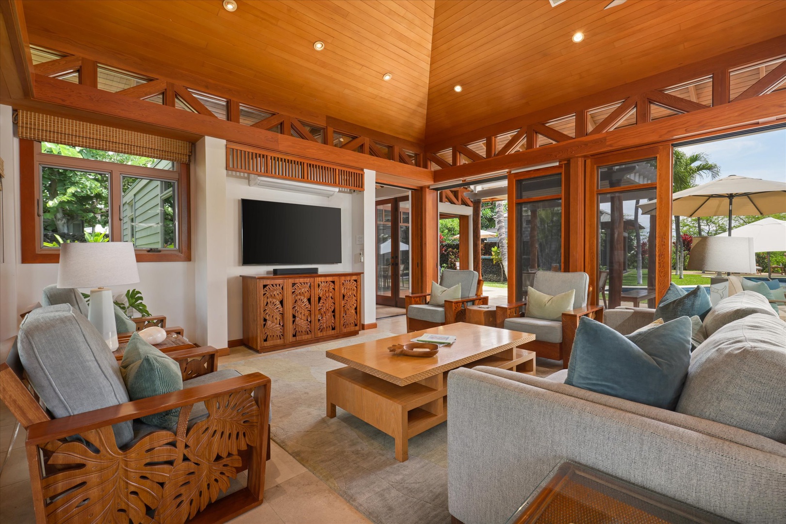 Kamuela Vacation Rentals, 3BD Na Hale 3 at Pauoa Beach Club at Mauna Lani Resort - Relax in the living room under vaulted wood beams, sliders thrown open to the lanai.