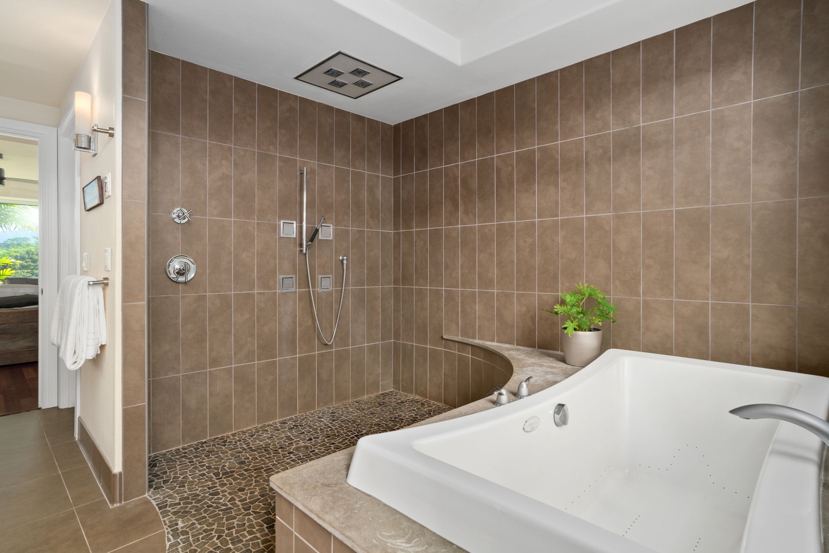 Princeville Vacation Rentals, Kaiulani #8 - Rinse off the beach under the ceiling shower, then step down into the tub.