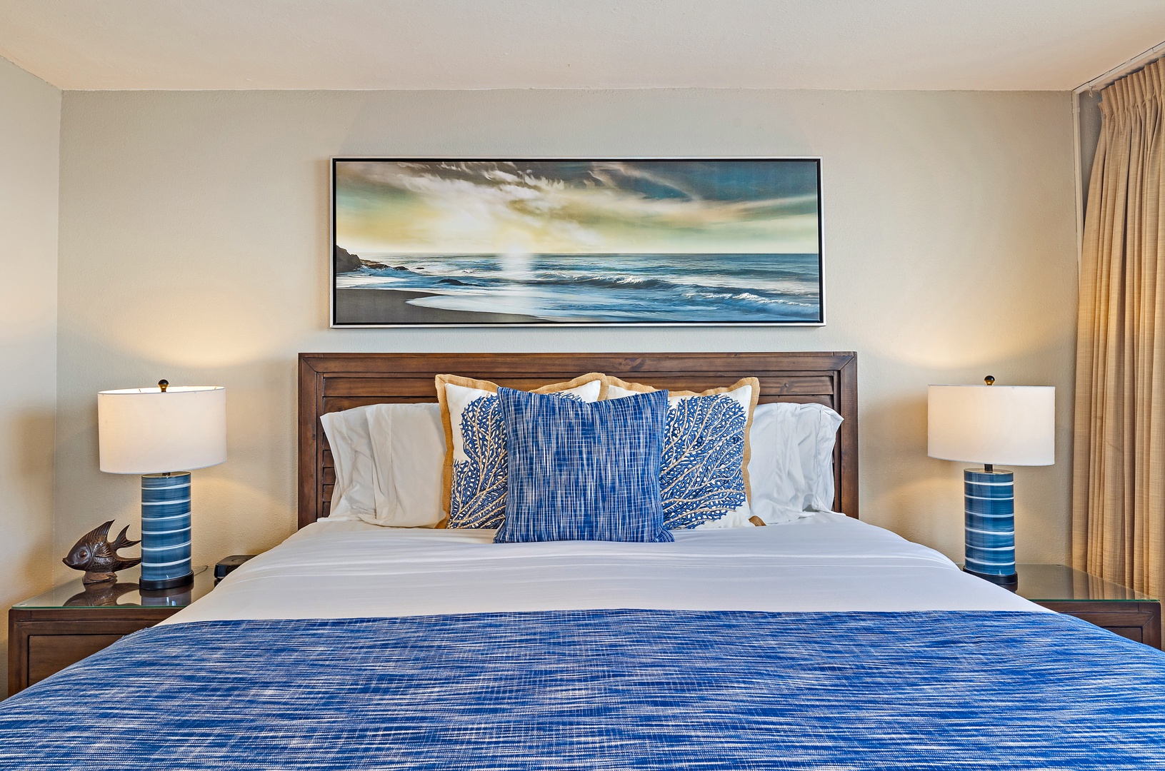 Lahaina Vacation Rentals, Royal Kahana 1010 - The bedroom offers a cozy king-sized bed with soft, ocean-inspired accents, creating a relaxing retreat.