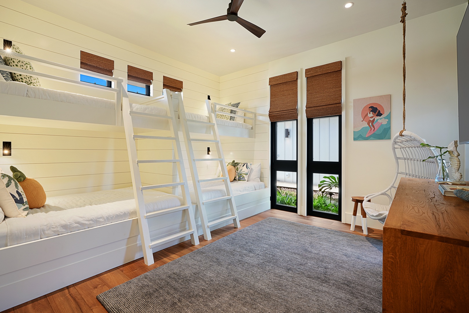 Koloa Vacation Rentals, Hale Ka Pua Ola at Kukuiula - Cozy bunk room featuring two twin-over-twin bunk beds with plenty of natural light.