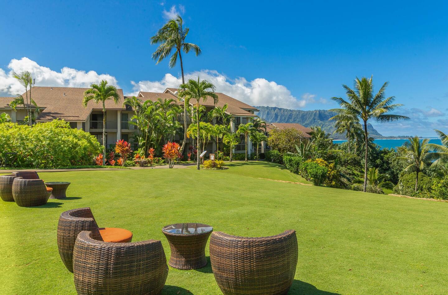 Princeville Vacation Rentals, Hanalei Bay Resort 4301/2/3 - Watch stunning sunsets in comfort from the lush lawn