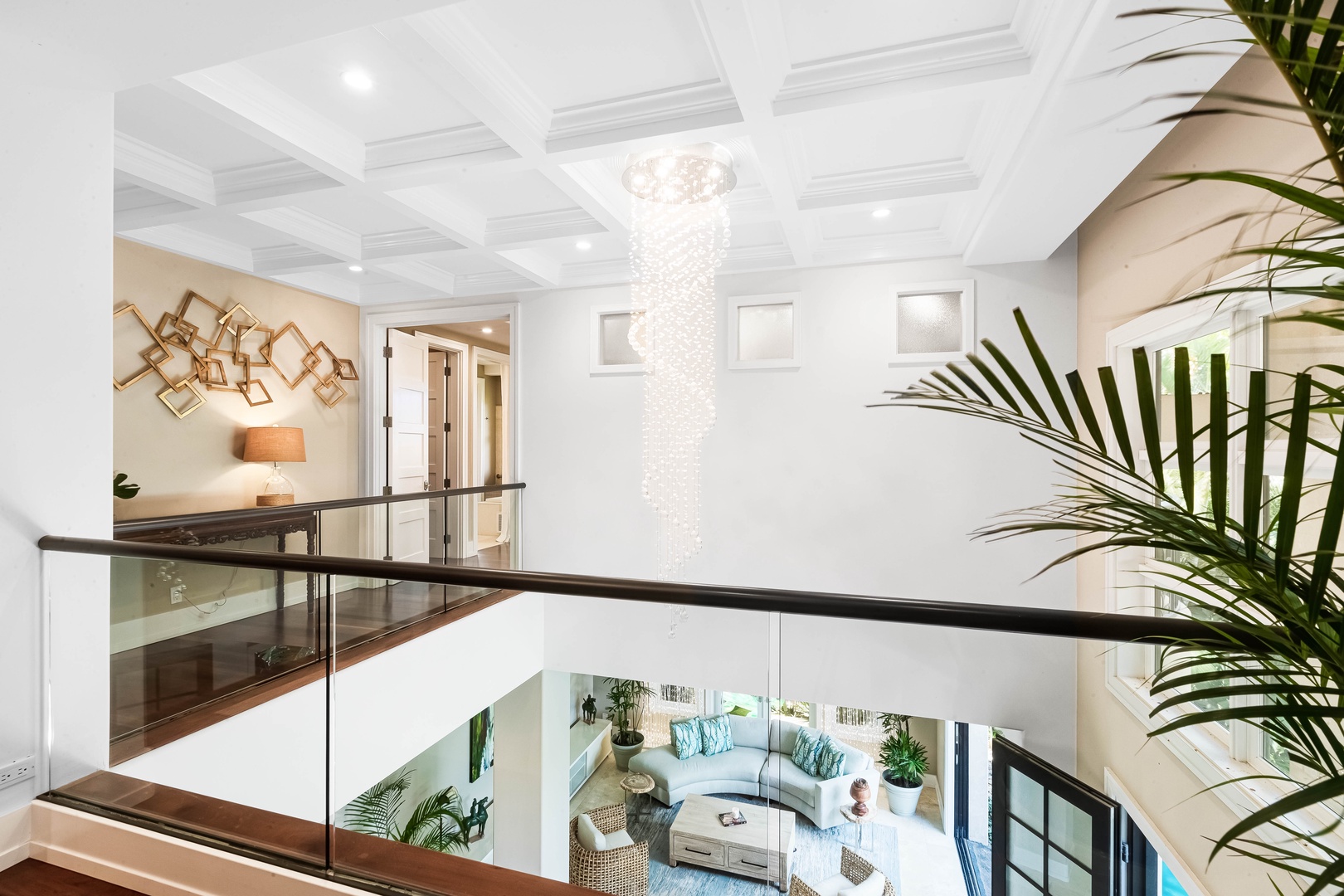 Honolulu Vacation Rentals, Pili Pono - Upstairs landing with coffered ceiling and views of both floors.